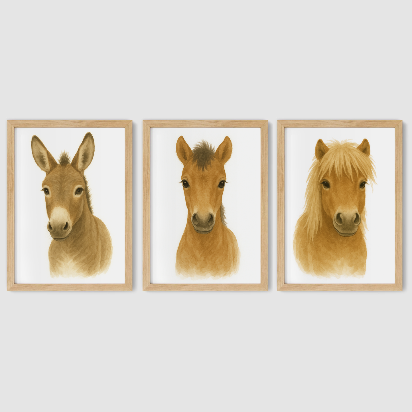 Horse & Donkey Print Set - Nursery Farmyard Animal Collection Set of 3