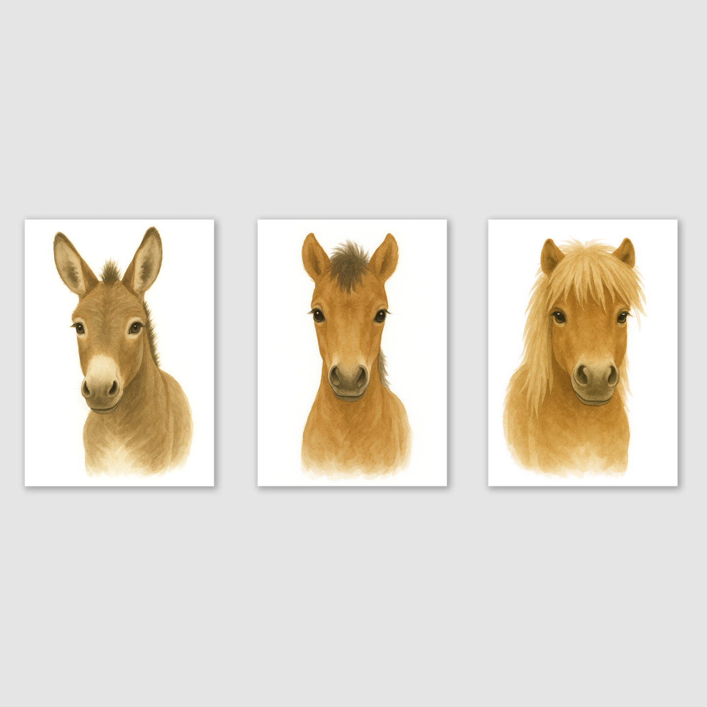 Horse & Donkey Print Set - Nursery Farmyard Animal Collection Set of 3