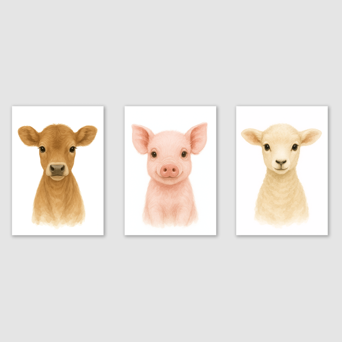 Baby Farm Animals Print Set - Nursery Farmyard Animal Collection Set of 3