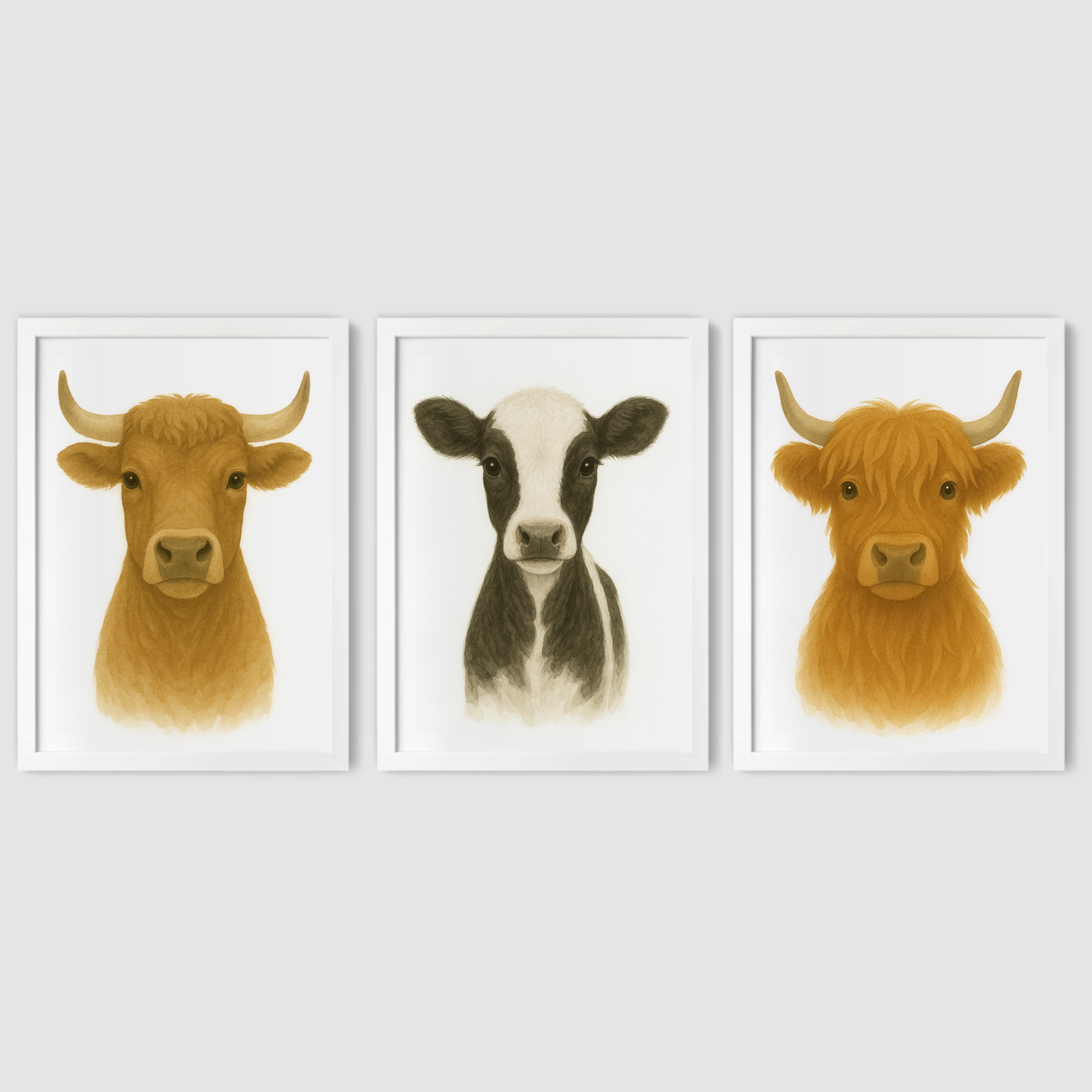 Watercolour Cows Print Set - Nursery Farmyard Animal Collection Set of 3