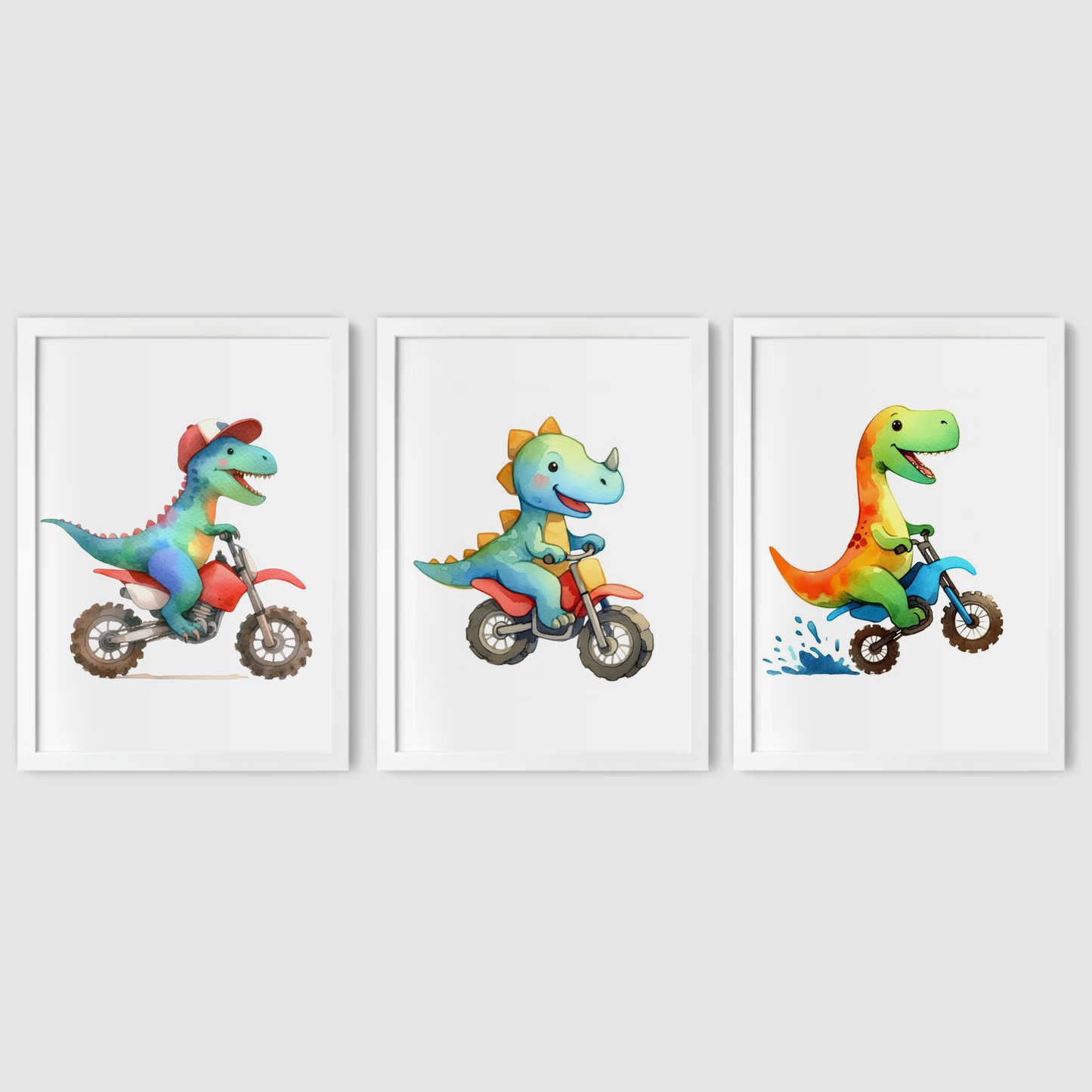Nursery Dinosaur Bikers - Animal Motorbike Print Set of 3