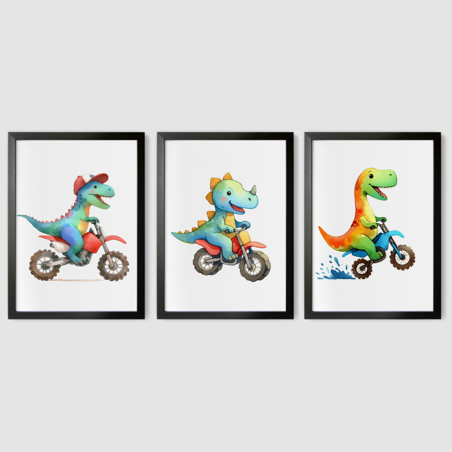Nursery Dinosaur Bikers - Animal Motorbike Print Set of 3