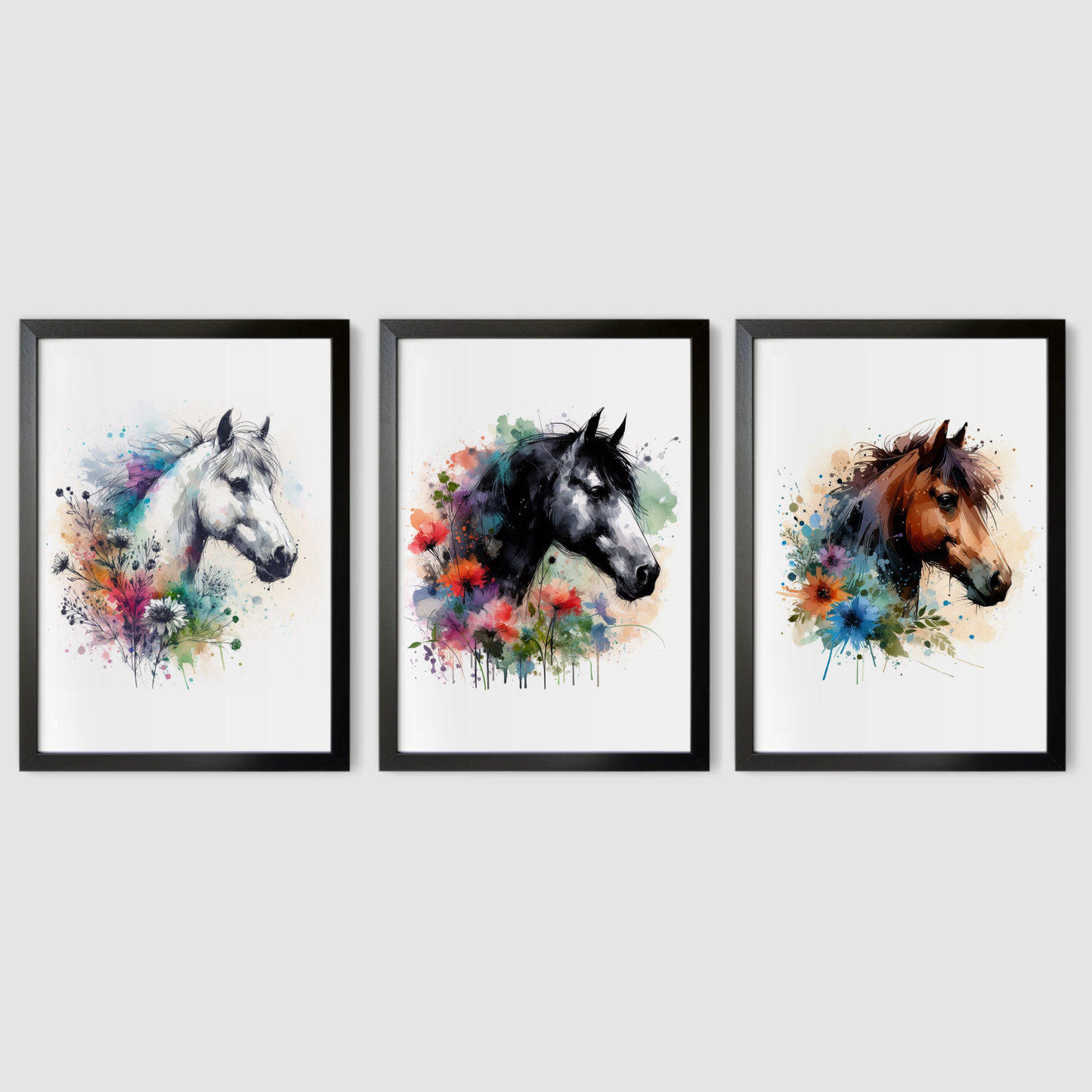 Floral Horse Portrait Print Set - Horse & Pony Collection Set of 3