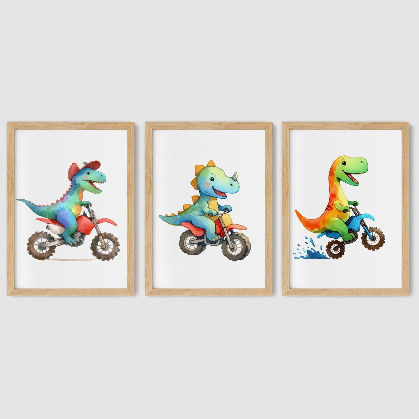 Nursery Dinosaur Bikers - Animal Motorbike Print Set of 3