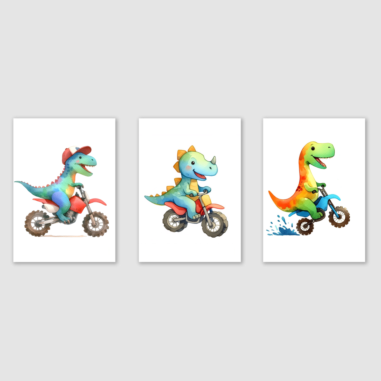 Nursery Dinosaur Bikers - Animal Motorbike Print Set of 3