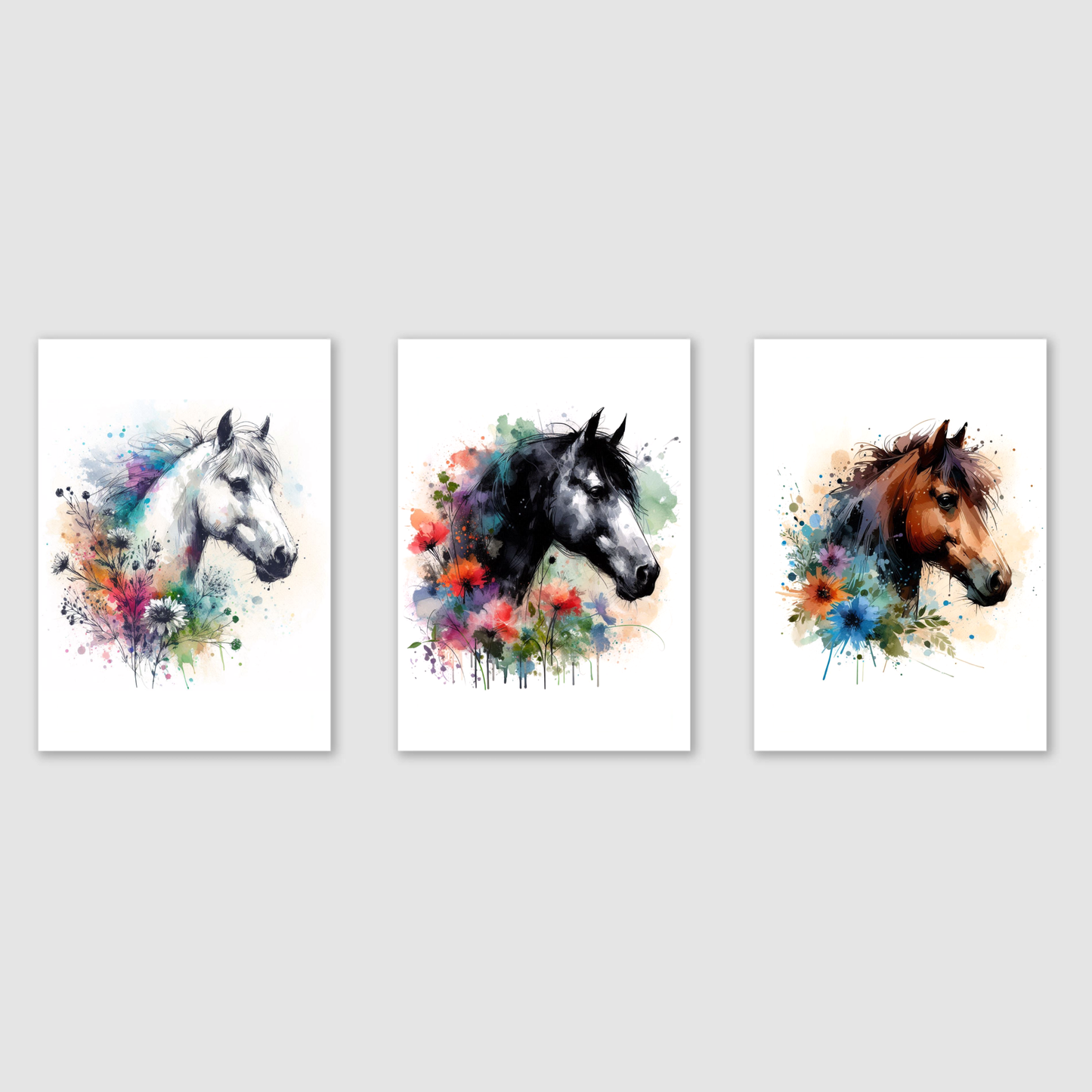 Floral Horse Portrait Print Set - Horse & Pony Collection Set of 3
