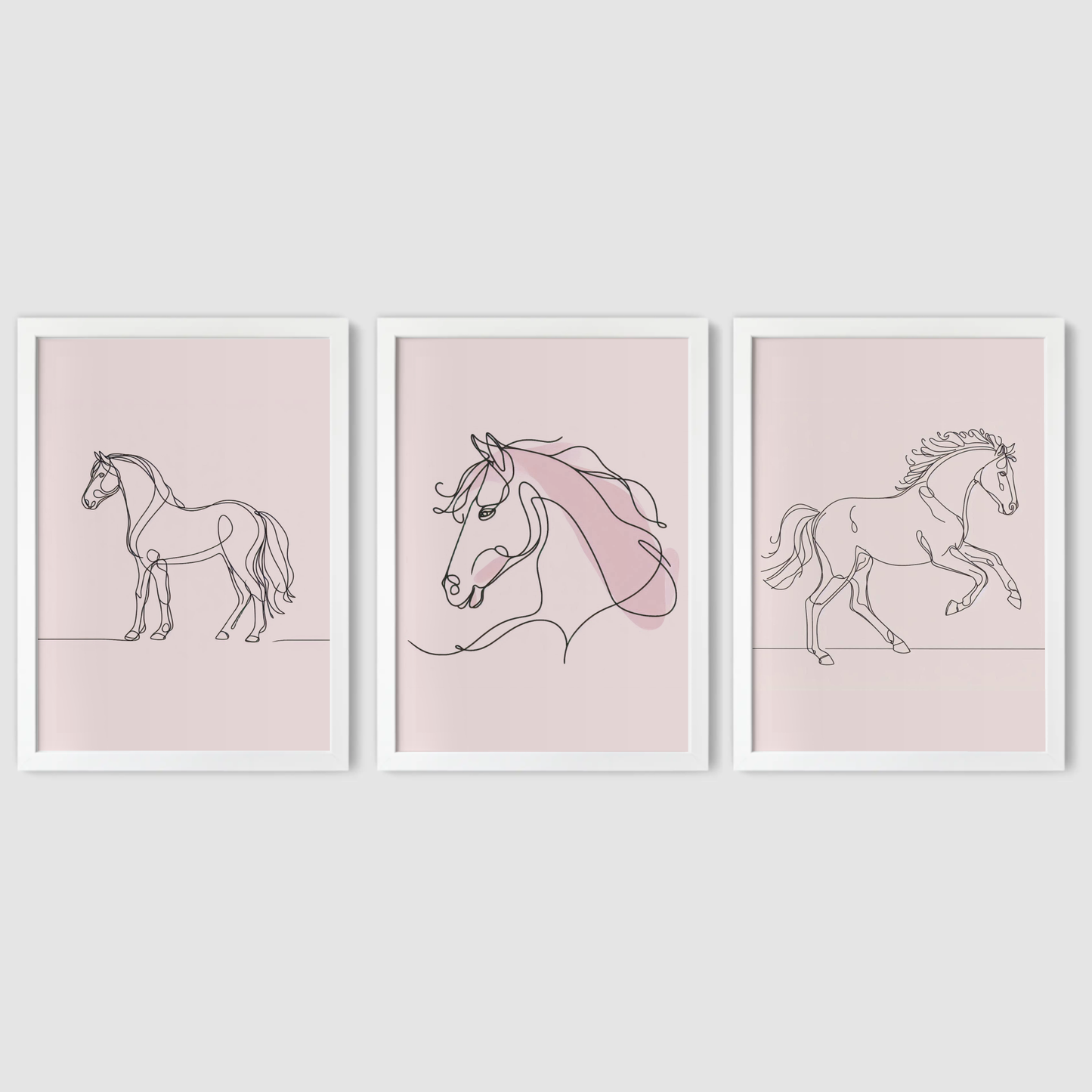 Pink Horse Line Art Print Set - Horse & Pony Collection Set of 3