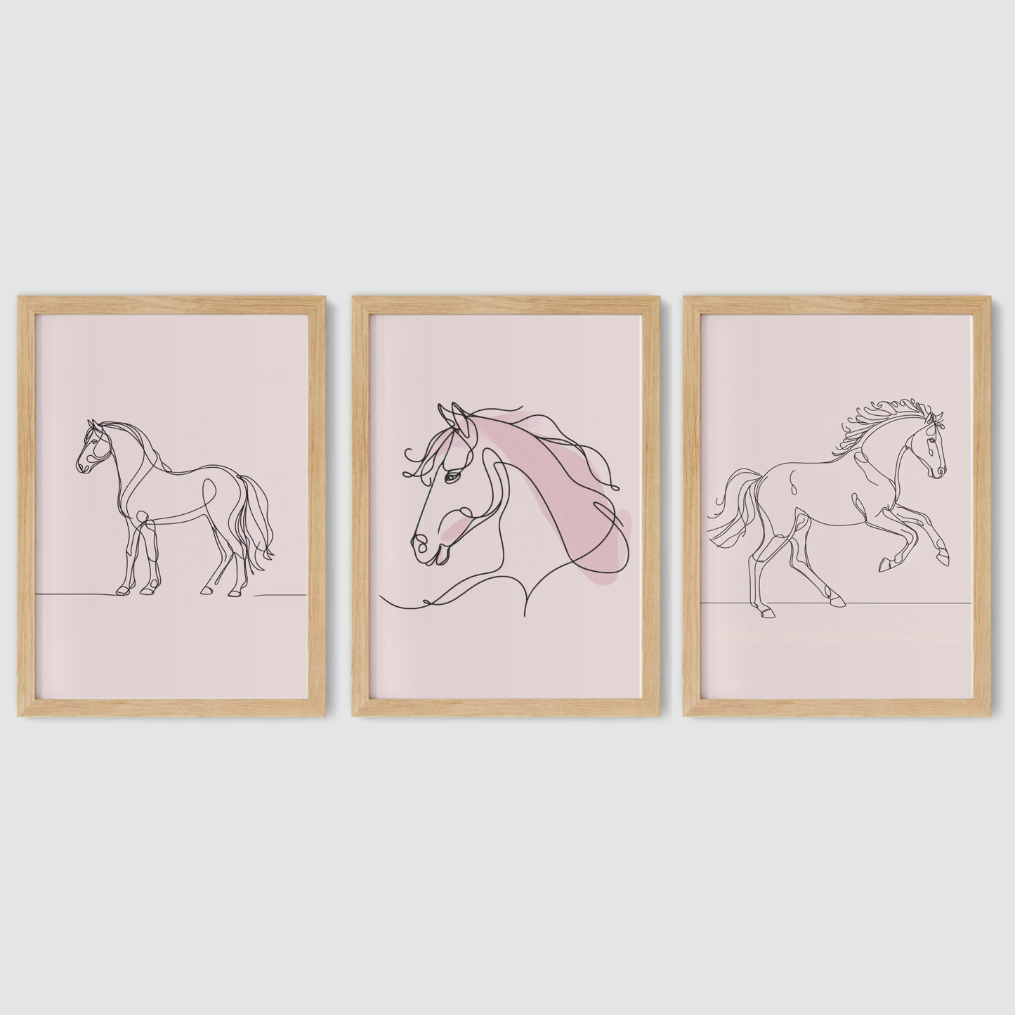 Pink Horse Line Art Print Set - Horse & Pony Collection Set of 3