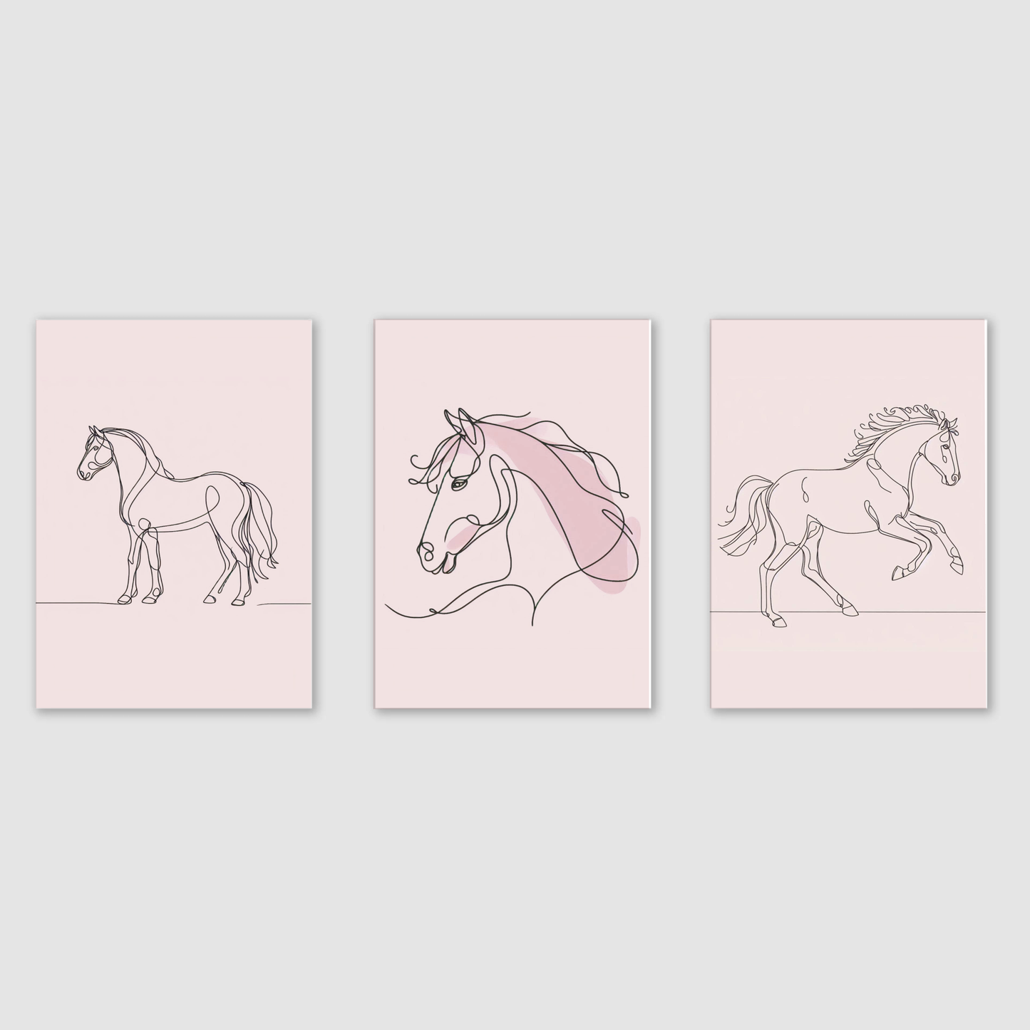 Pink Horse Line Art Print Set - Horse & Pony Collection Set of 3