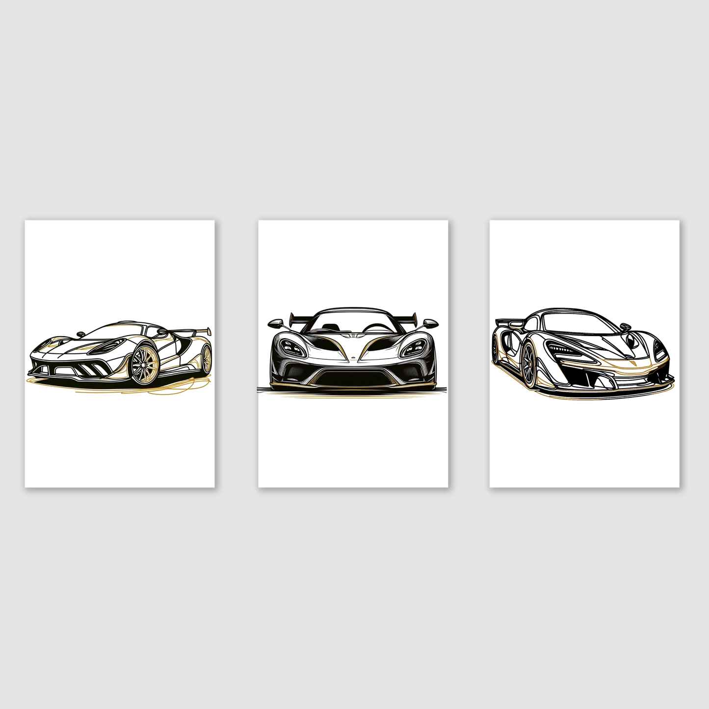 Black & Gold Supercar Print Set - Vehicle Collection Set of 3