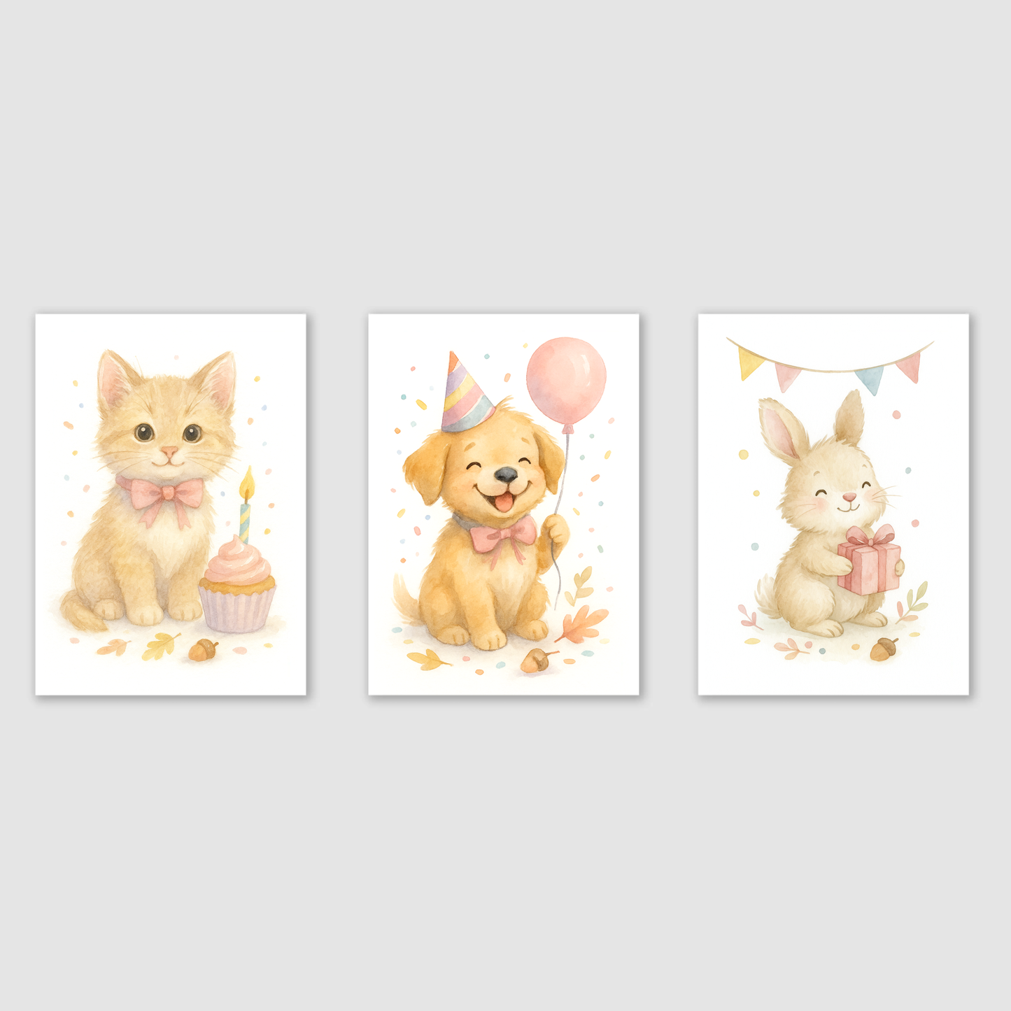 Birthday Party Pets Print Set - Cute Pets Collection Set of 3