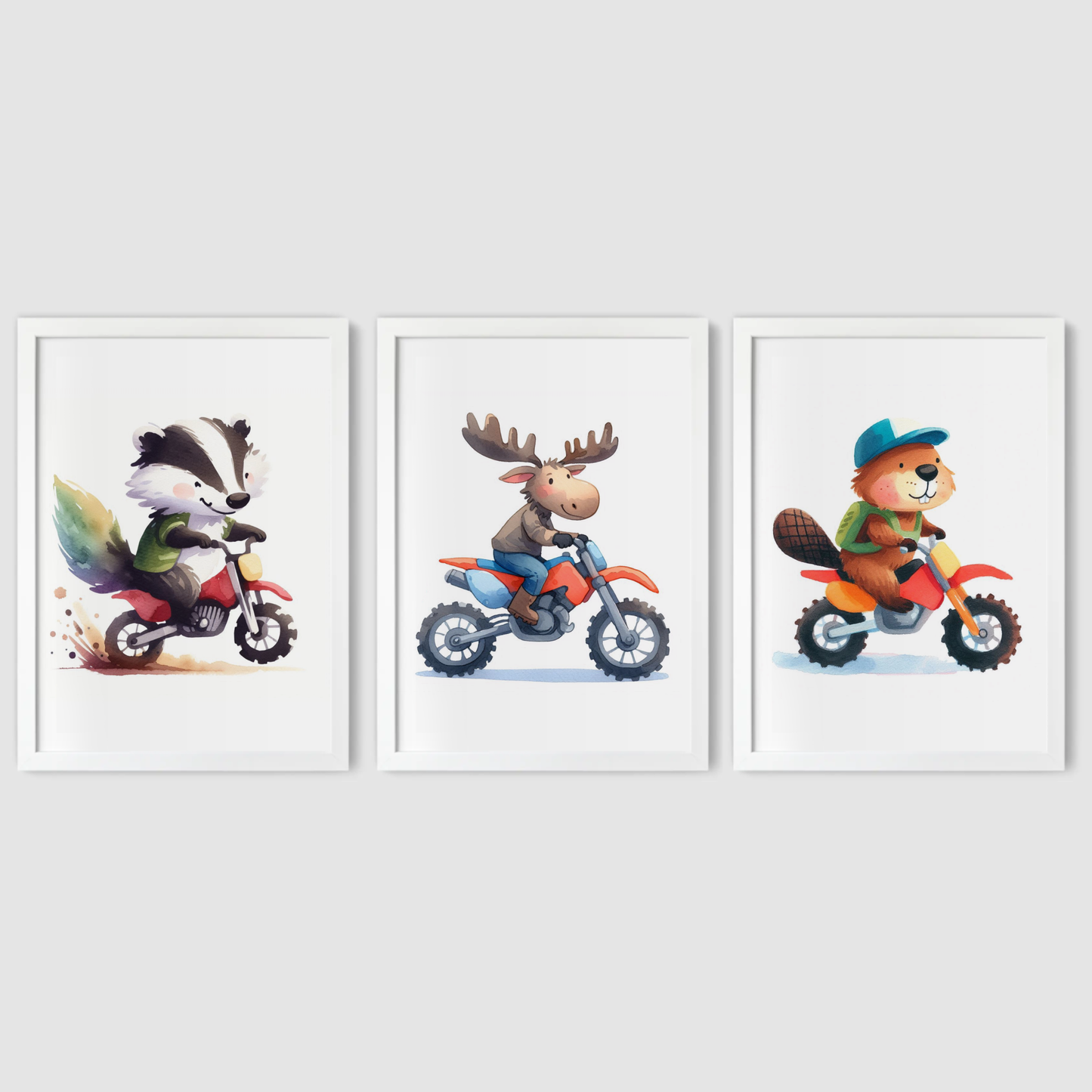 Nursery Woodland Animal Bikers - Animal Motorbike Print Set of 3