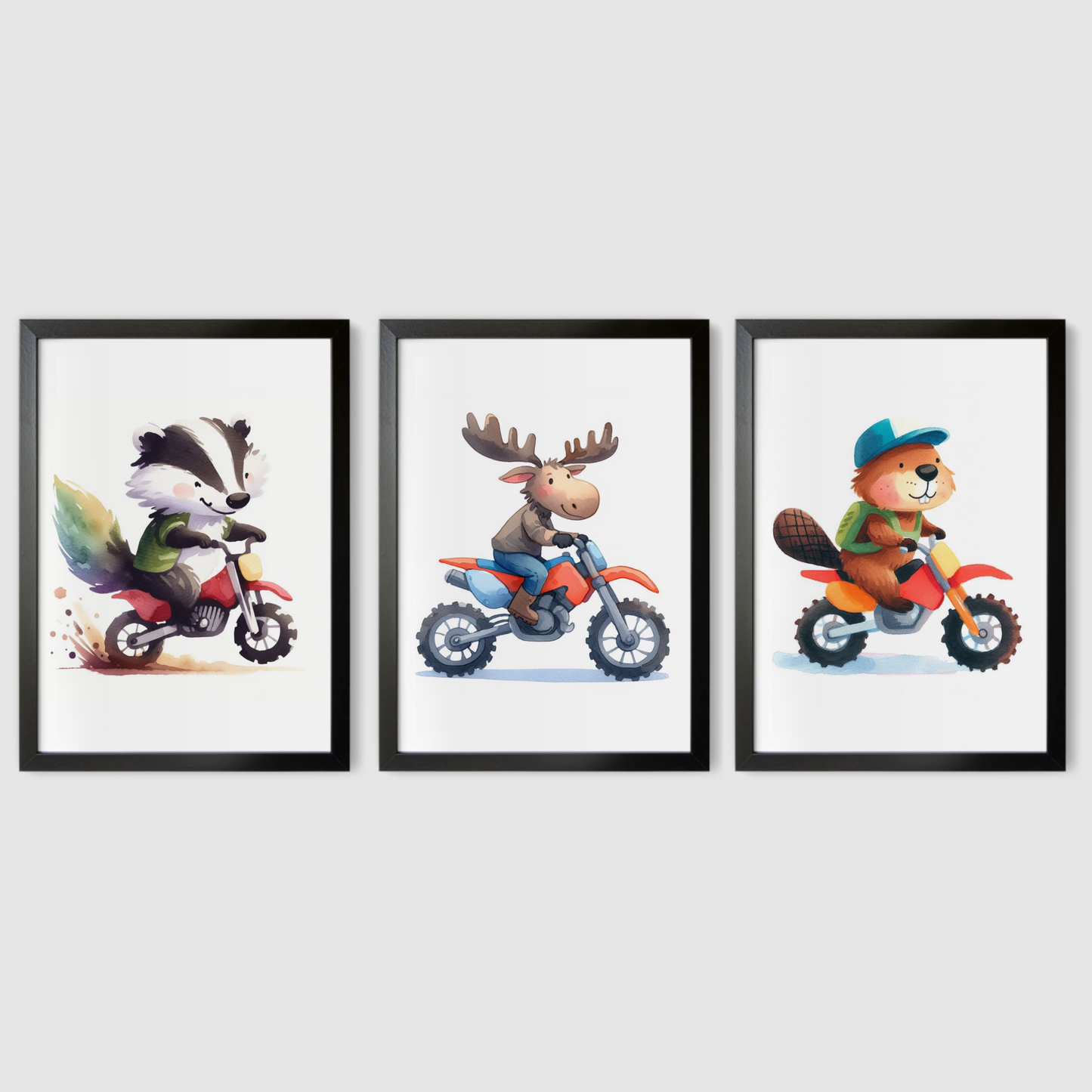 Nursery Woodland Animal Bikers - Animal Motorbike Print Set of 3