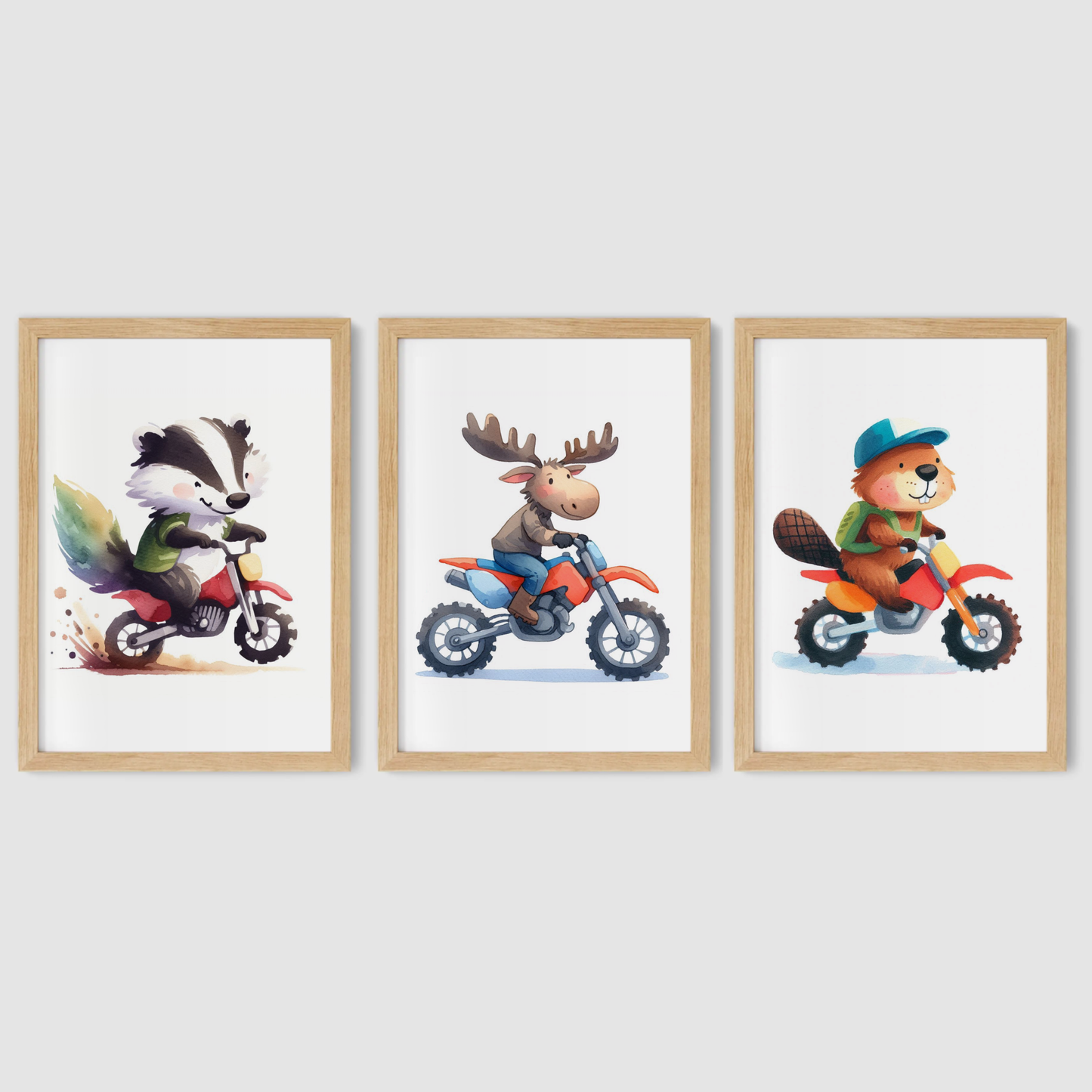 Nursery Woodland Animal Bikers - Animal Motorbike Print Set of 3
