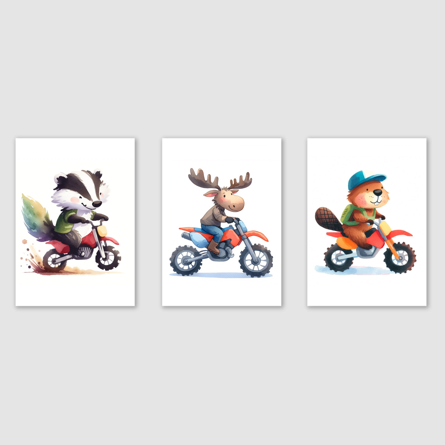 Nursery Woodland Animal Bikers - Animal Motorbike Print Set of 3
