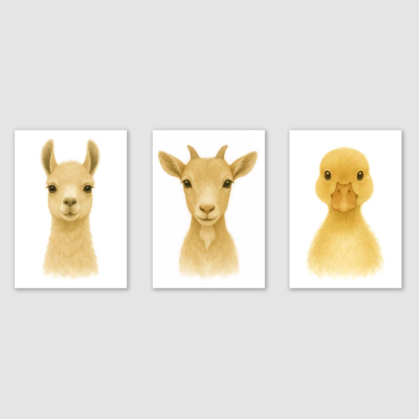 Llama, Goat & Duckling Print Set - Nursery Farmyard Animal Collection Set of 3
