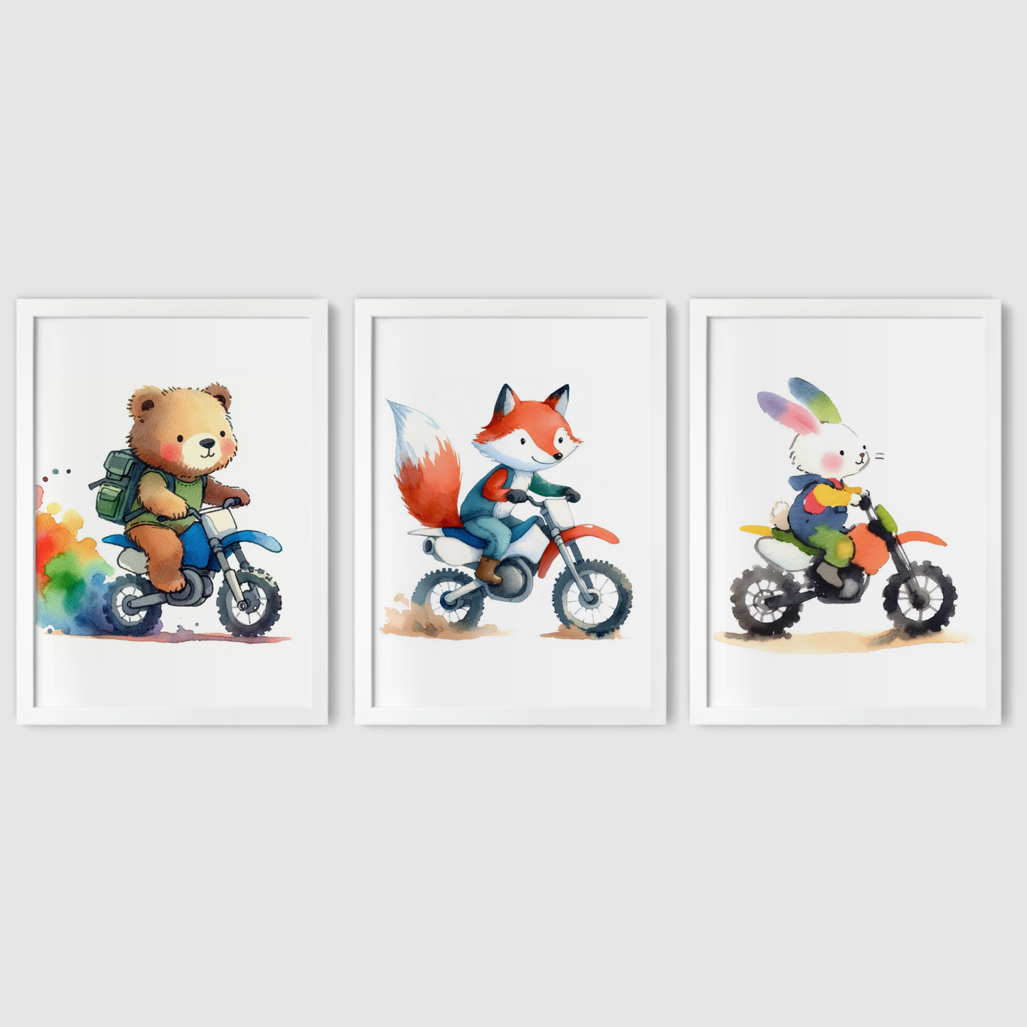 Nursery Woodland Animal Bikers - Animal Motorbike Print Set of 3