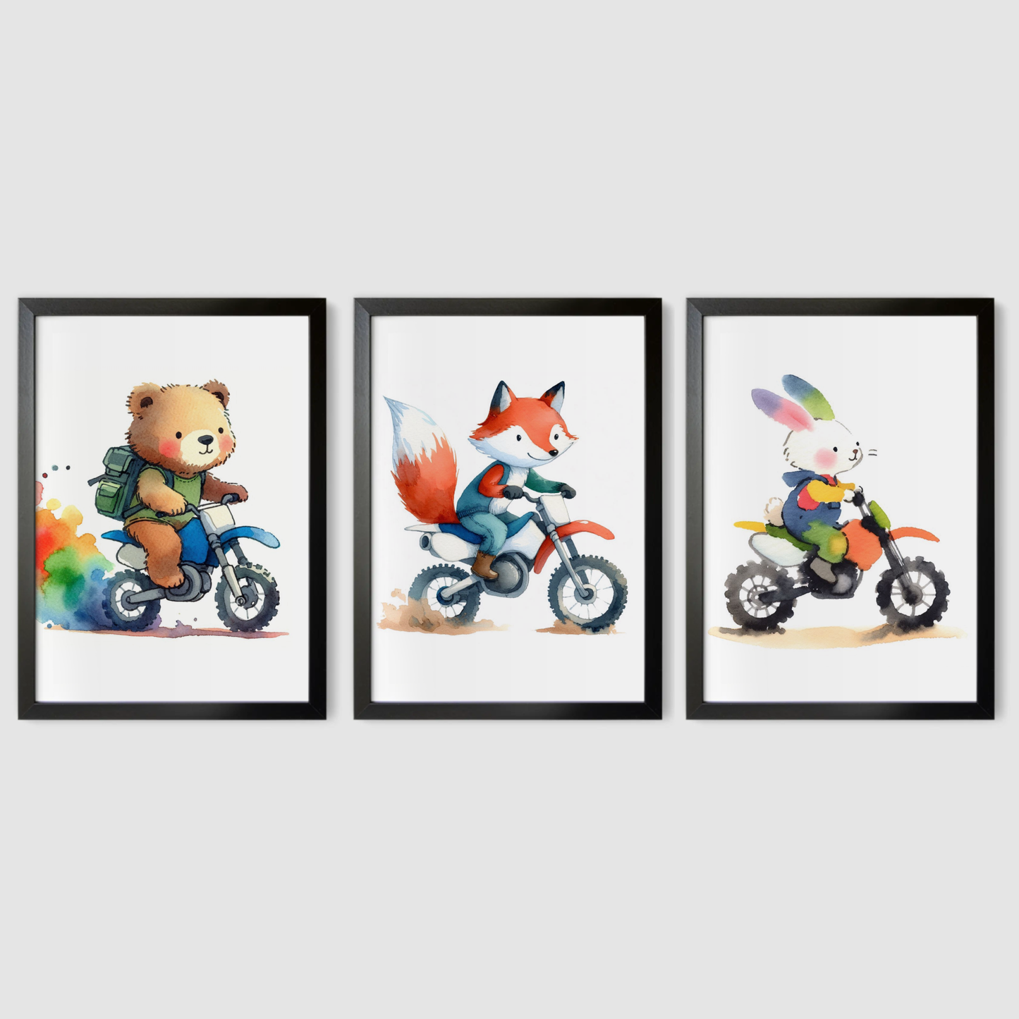 Nursery Woodland Animal Bikers - Animal Motorbike Print Set of 3
