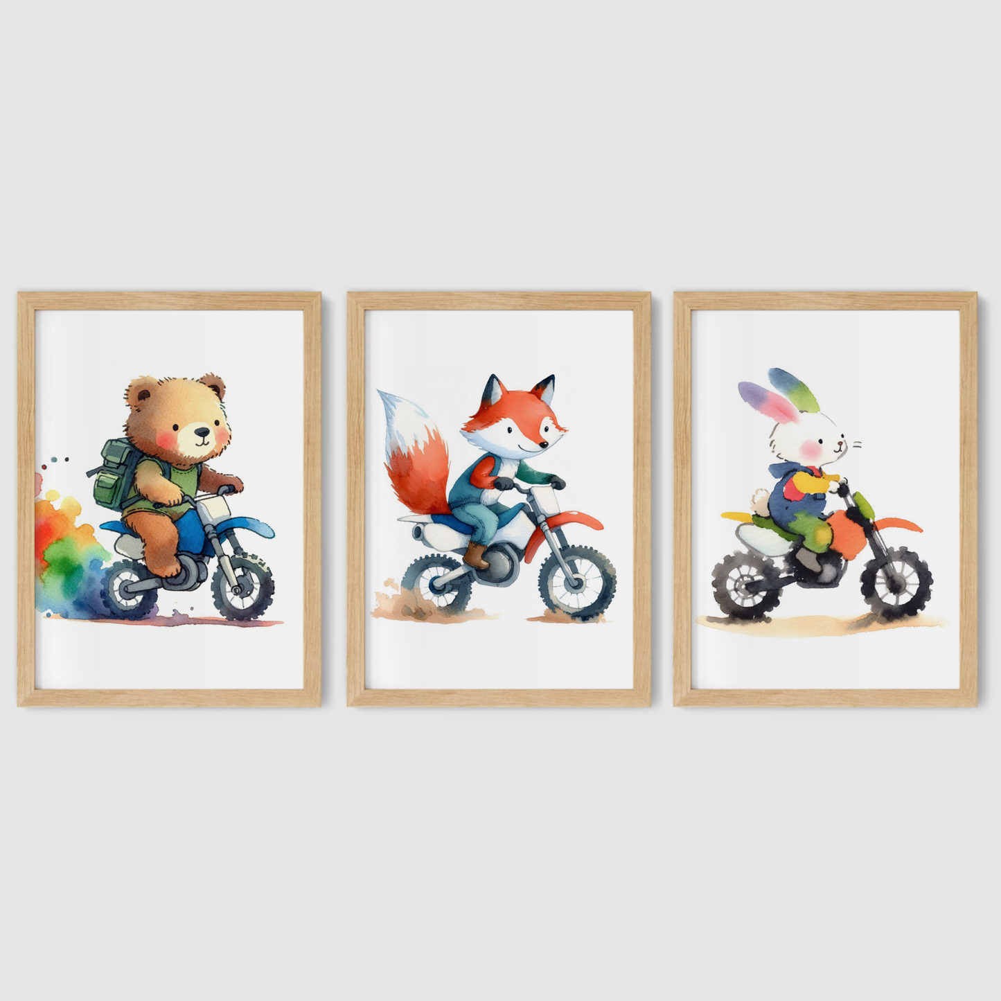Nursery Woodland Animal Bikers - Animal Motorbike Print Set of 3
