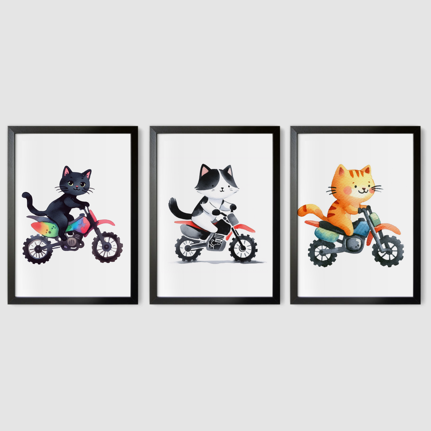 Nursery Cat Bikers - Animal Motorbike Print Set of 3