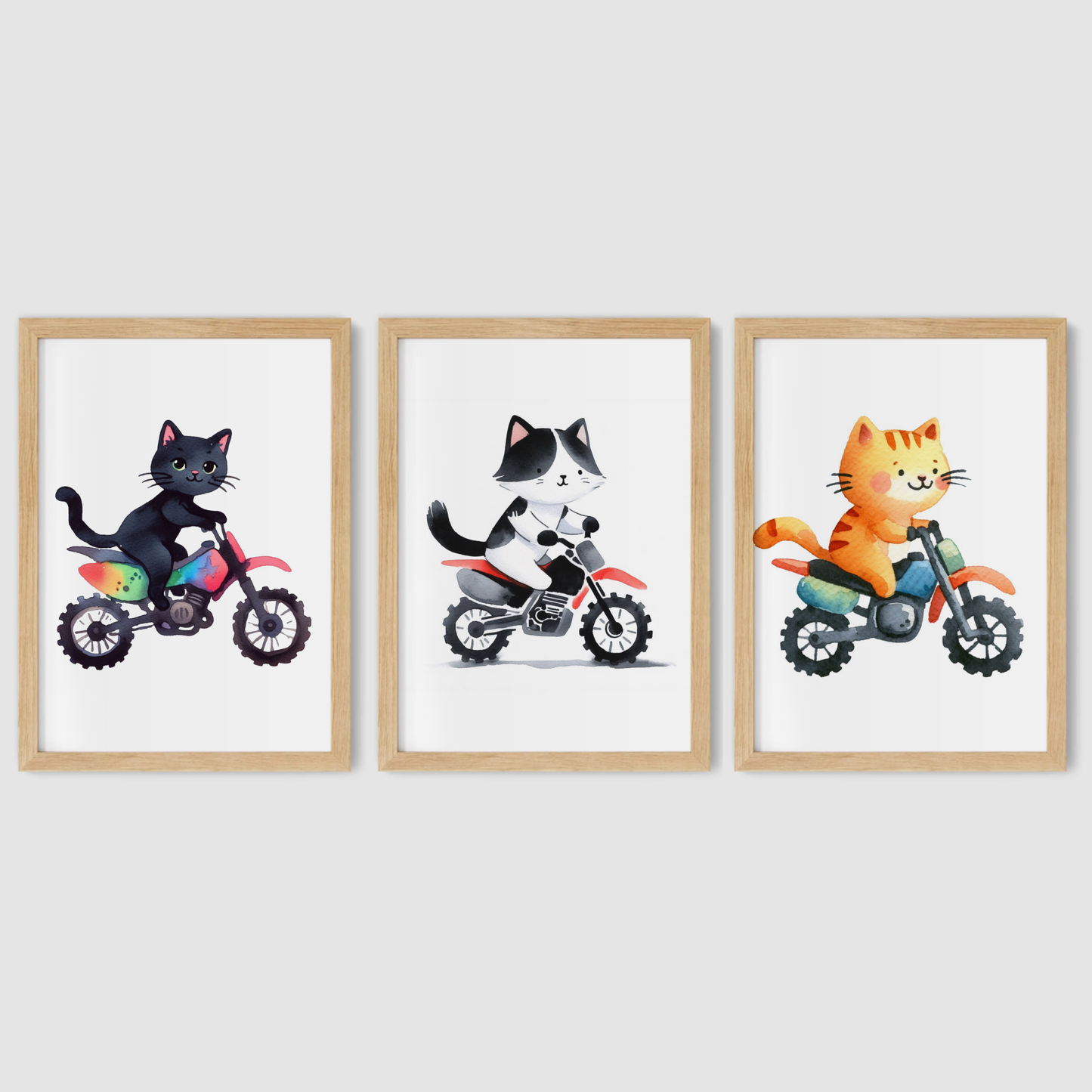 Nursery Cat Bikers - Animal Motorbike Print Set of 3