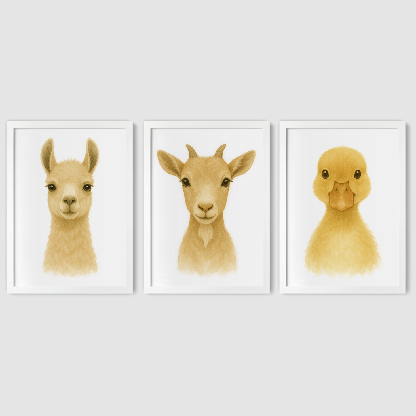 Llama, Goat & Duckling Print Set - Nursery Farmyard Animal Collection Set of 3