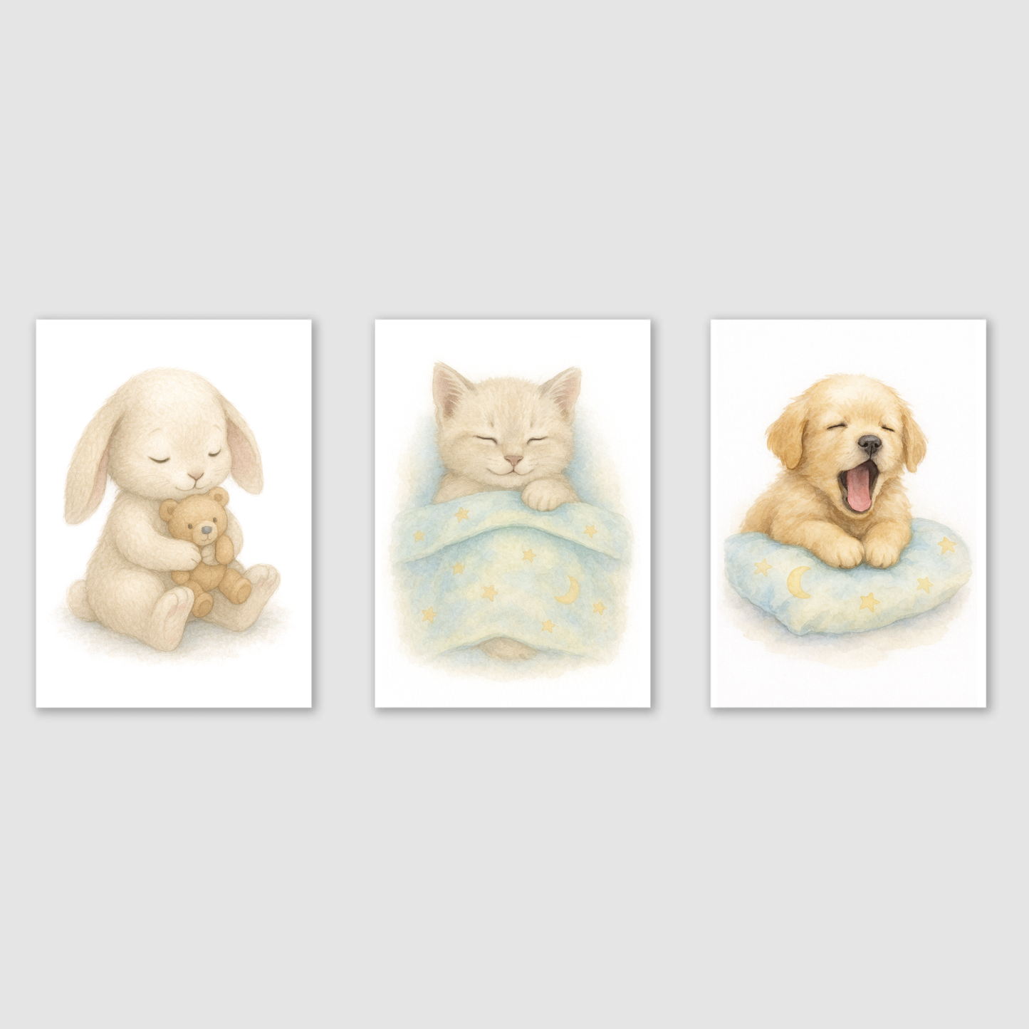 Sleepy Time Print Set - Cute Pets Collection Set of 3