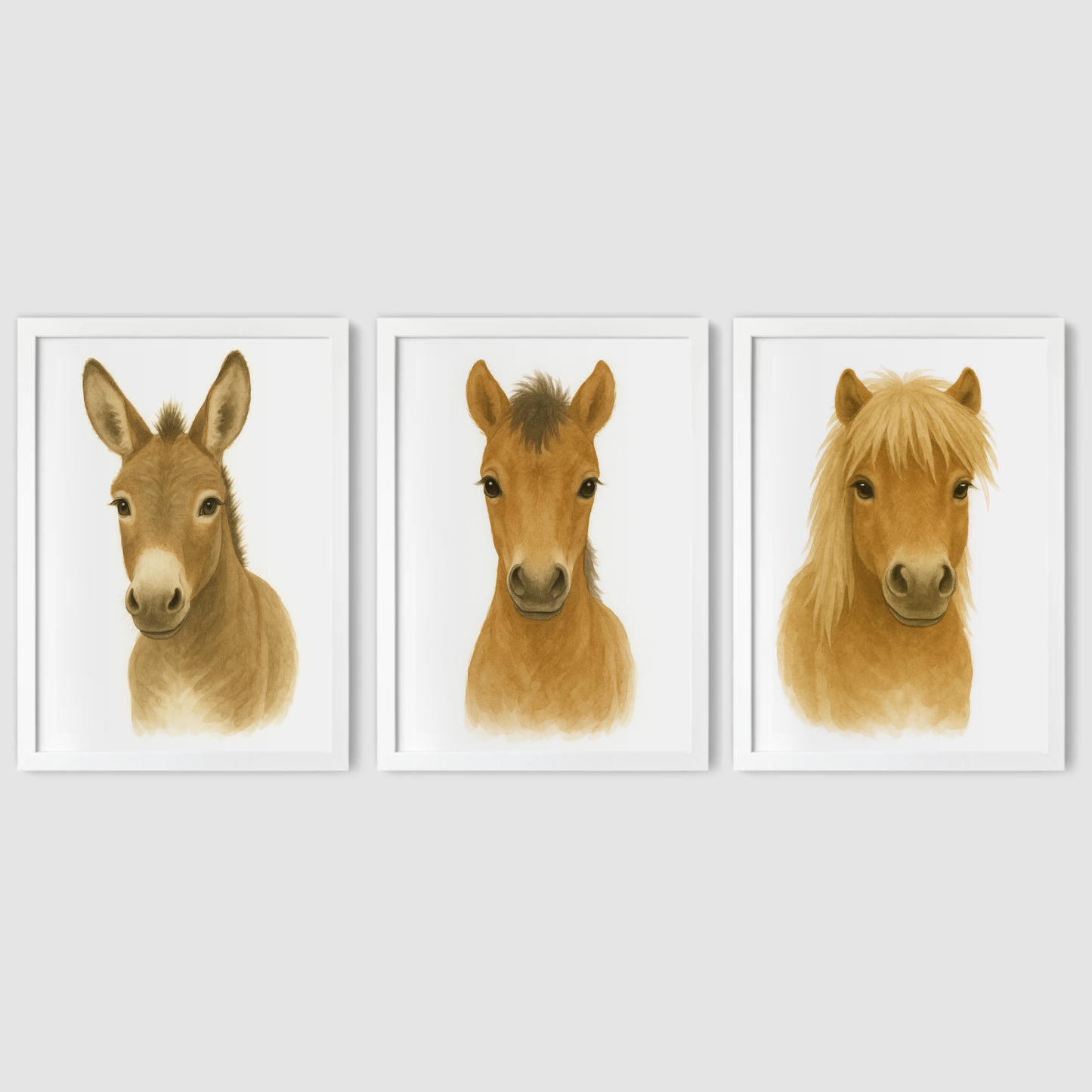 Horse & Donkey Print Set - Nursery Farmyard Animal Collection Set of 3