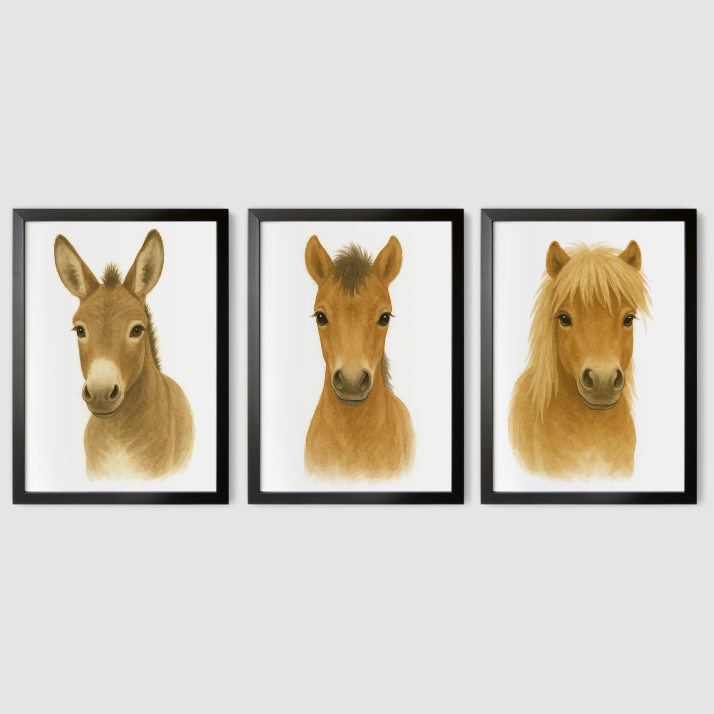 Horse & Donkey Print Set - Nursery Farmyard Animal Collection Set of 3