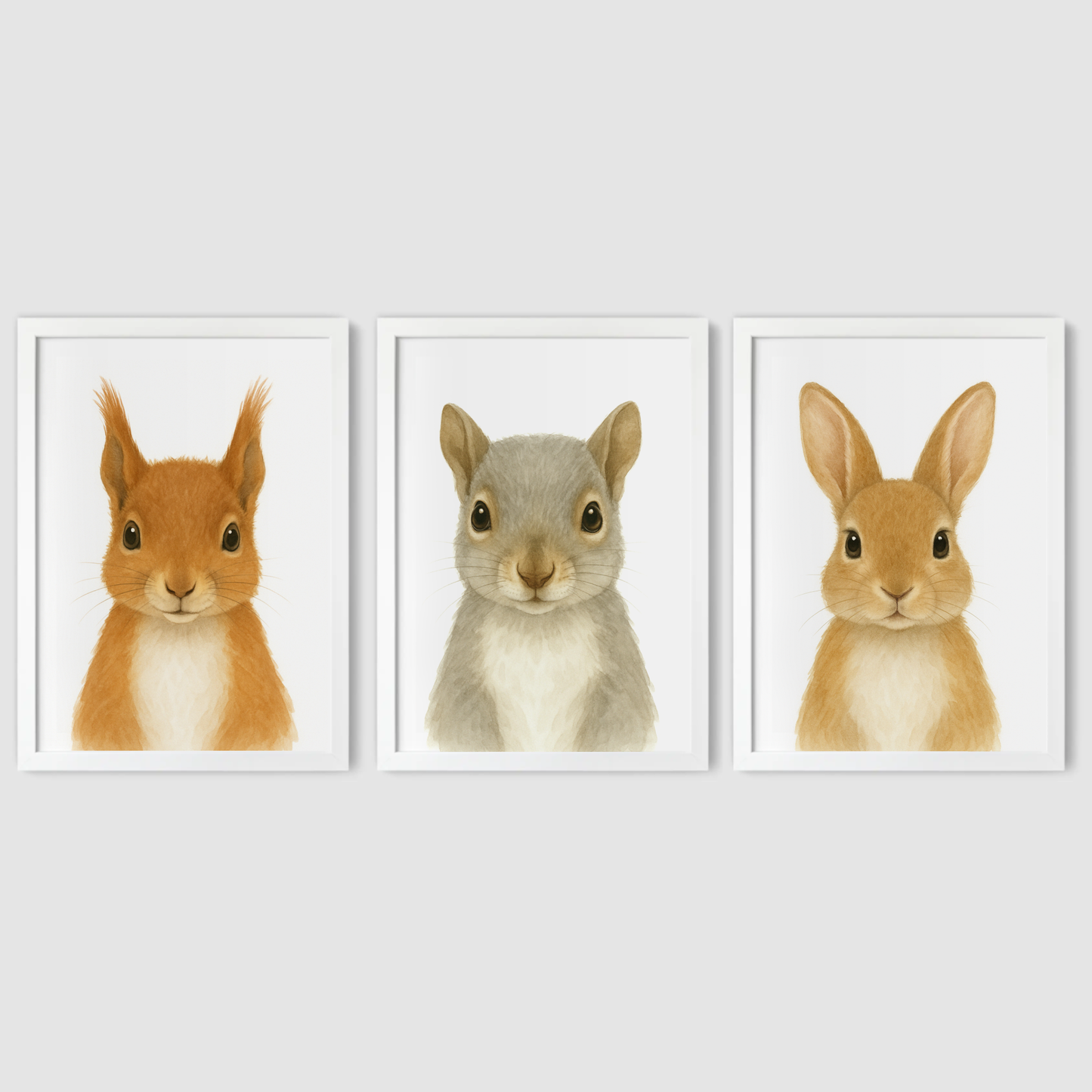 Red Squirrel, Grey Squirrel & Rabbit - Woodland Nursery Print Set of 3