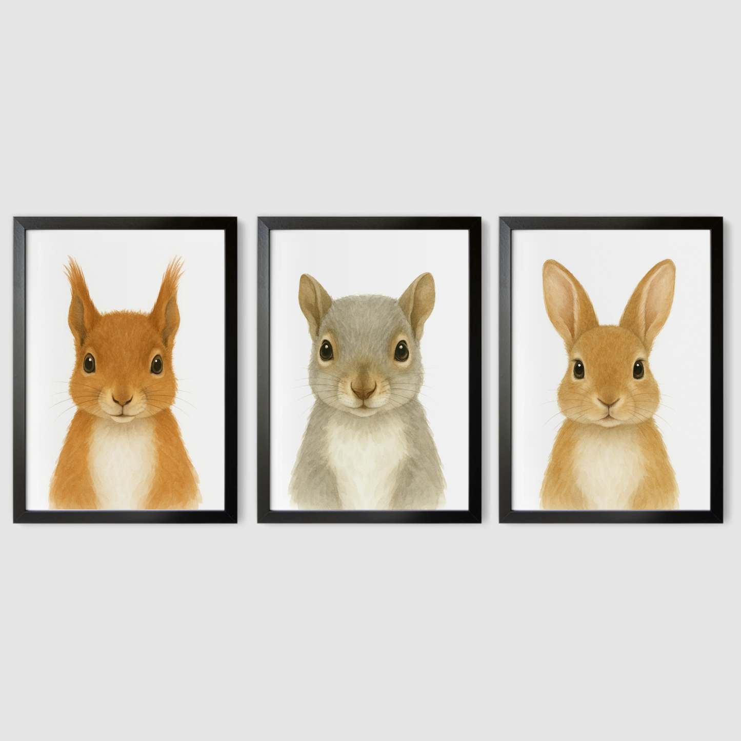 Red Squirrel, Grey Squirrel & Rabbit - Woodland Nursery Print Set of 3