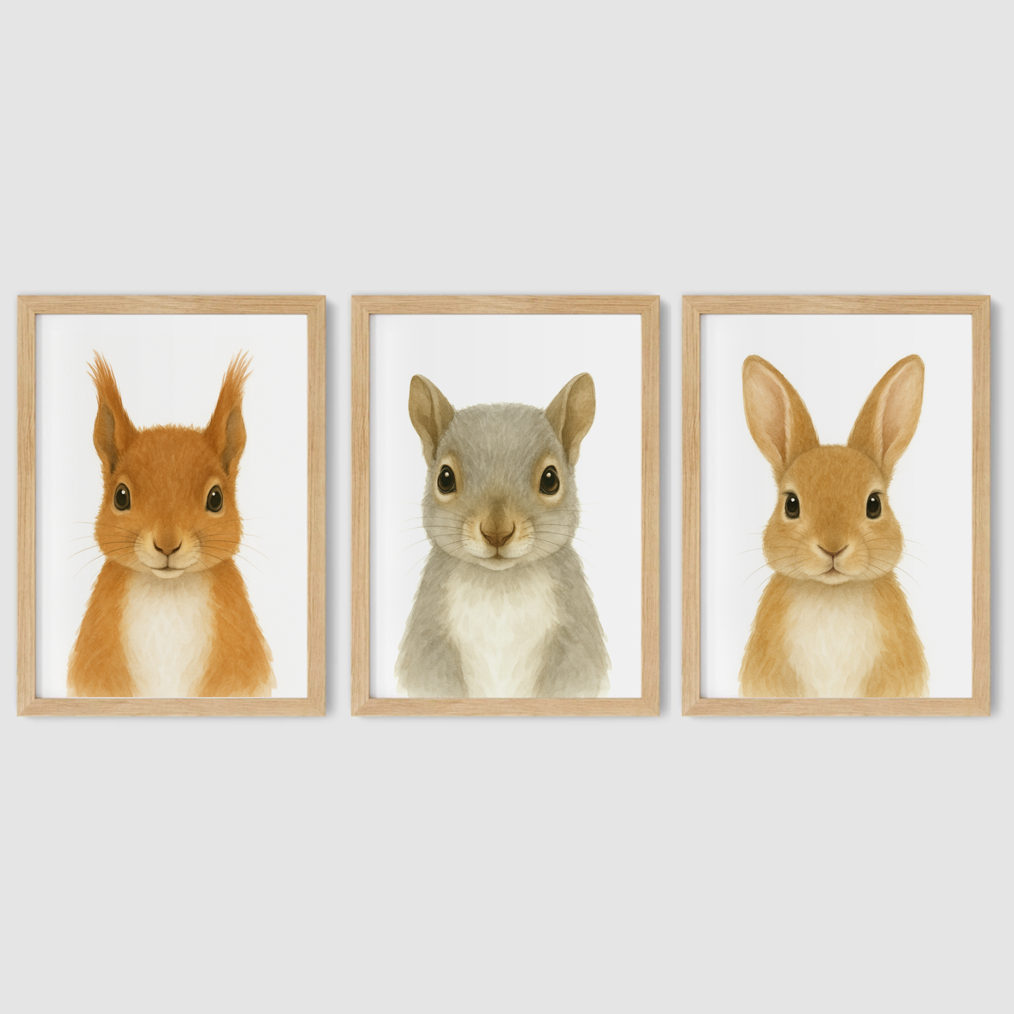 Red Squirrel, Grey Squirrel & Rabbit - Woodland Nursery Print Set of 3