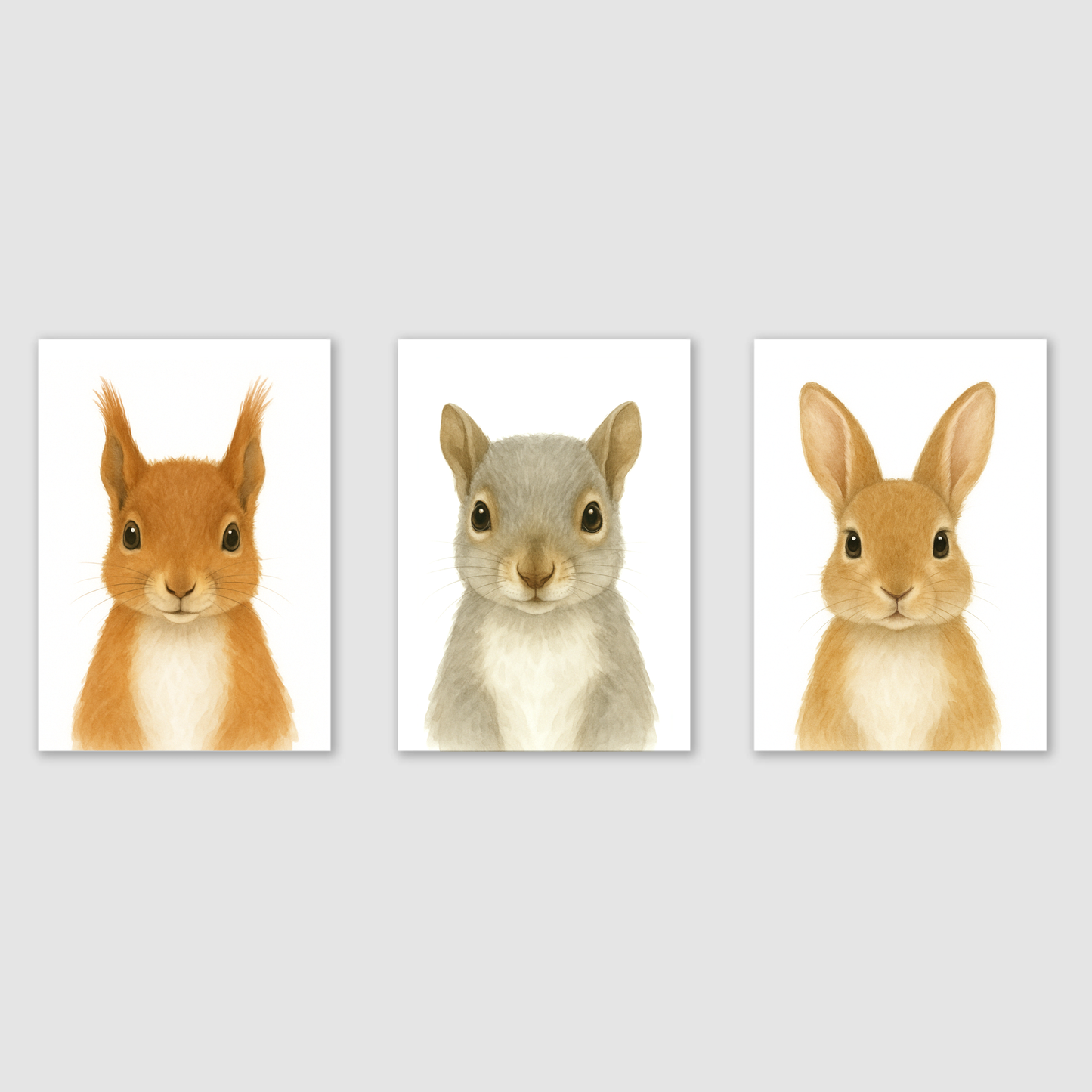 Red Squirrel, Grey Squirrel & Rabbit - Woodland Nursery Print Set of 3