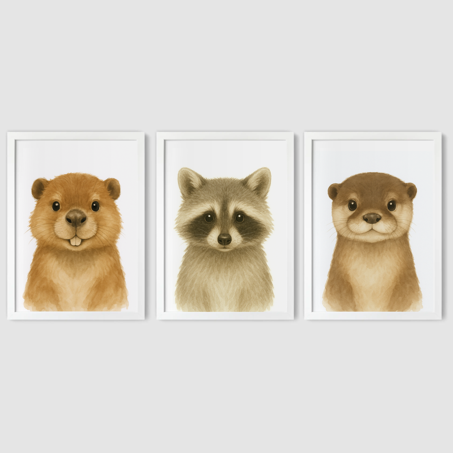 Beaver, Racoon & Otter - Woodland Nursery Print Set of 3