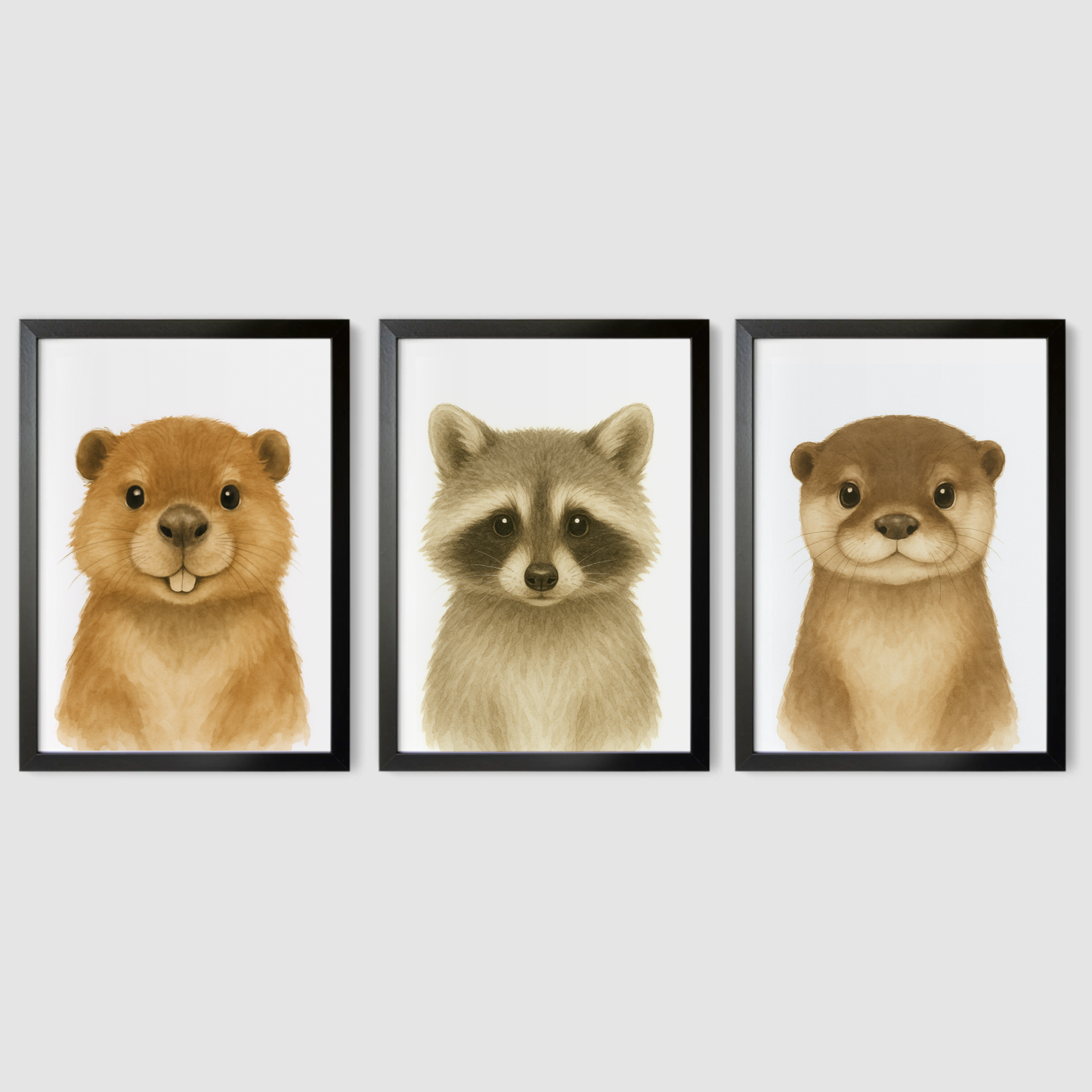 Beaver, Racoon & Otter - Woodland Nursery Print Set of 3