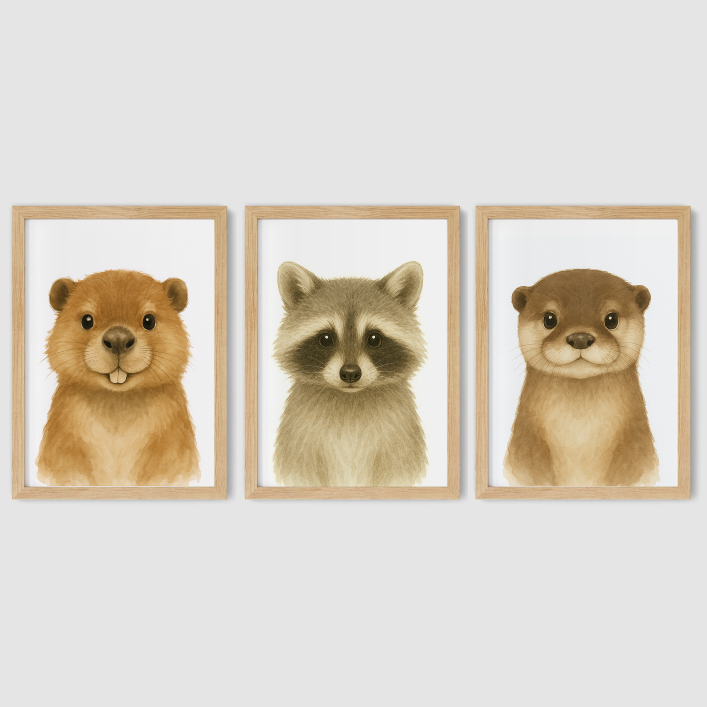 Beaver, Racoon & Otter - Woodland Nursery Print Set of 3
