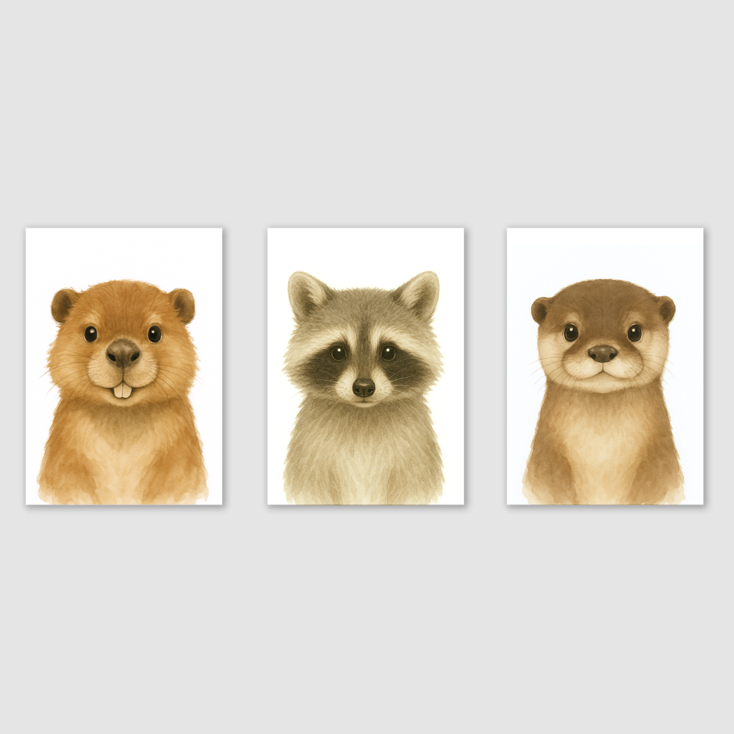 Beaver, Racoon & Otter - Woodland Nursery Print Set of 3