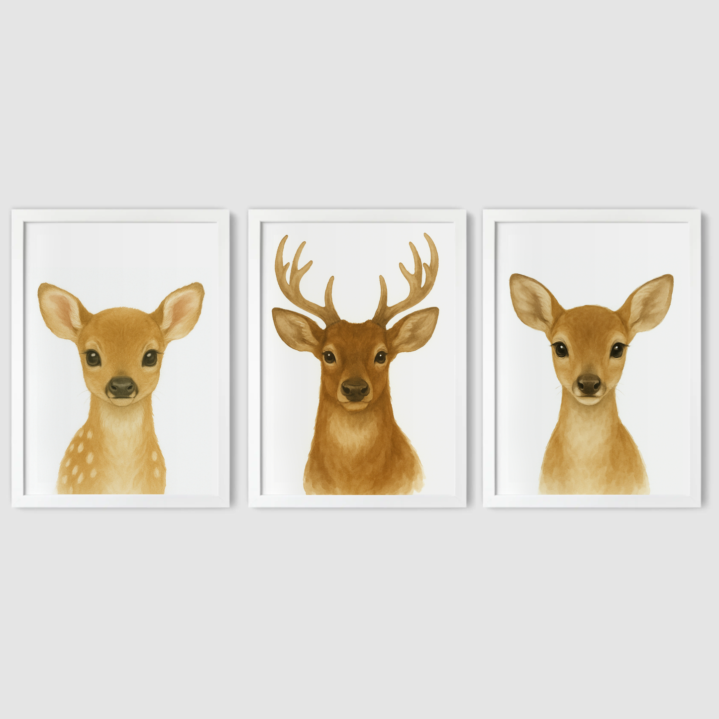 Baby Deer, Stag & Female Deer - Woodland Nursery Print Set of 3