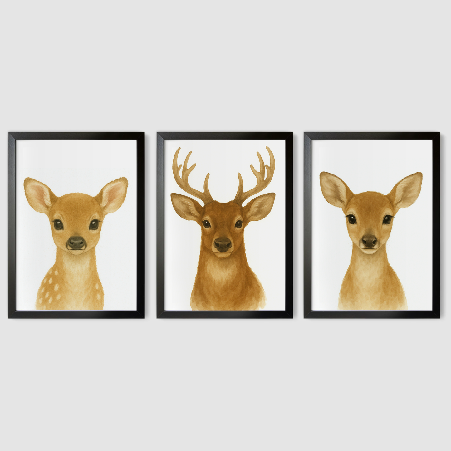 Baby Deer, Stag & Female Deer - Woodland Nursery Print Set of 3