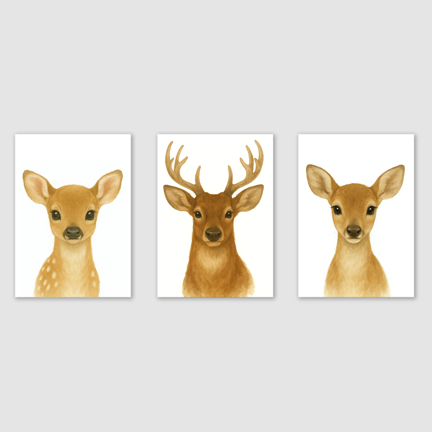 Baby Deer, Stag & Female Deer - Woodland Nursery Print Set of 3