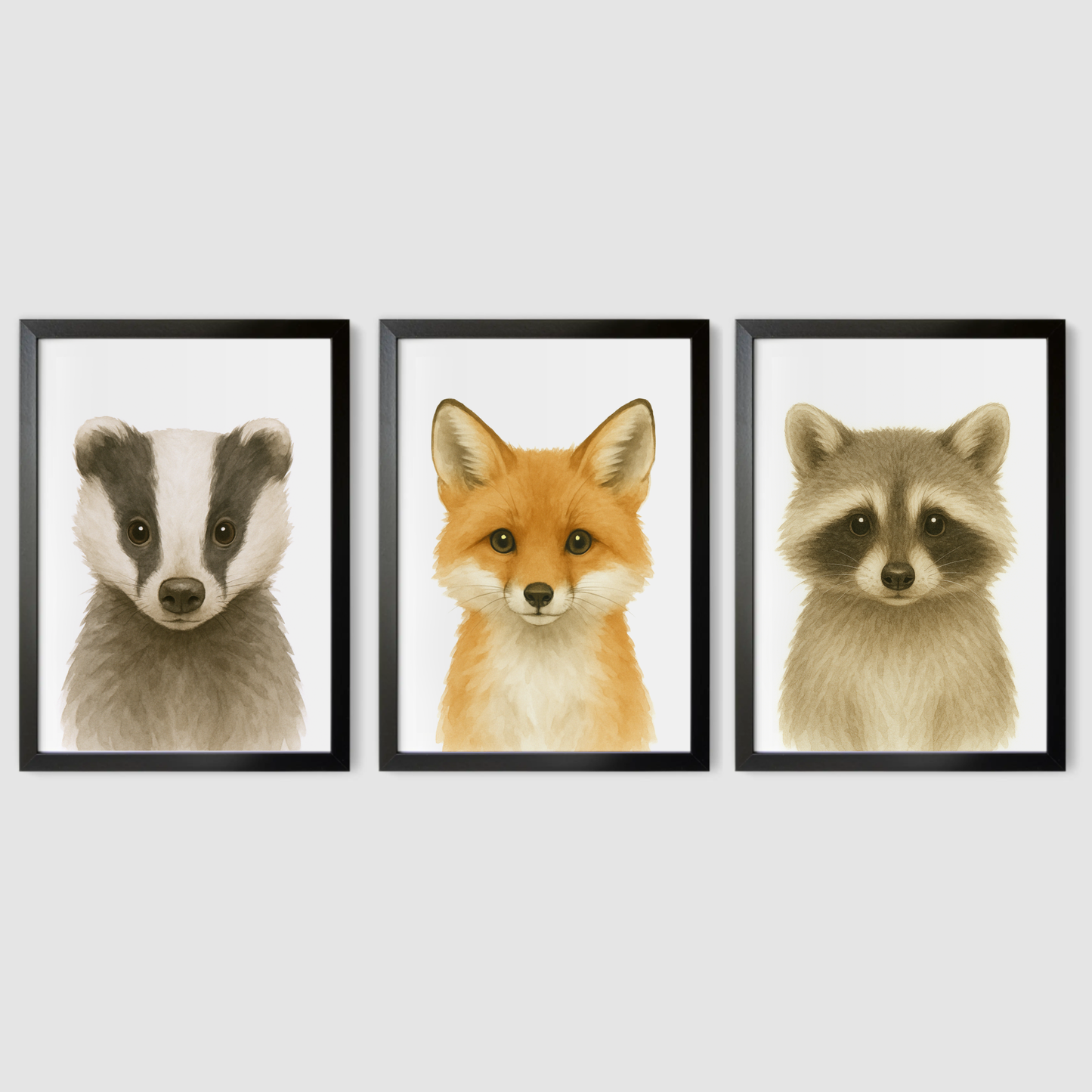 Badger, Fox & Racoon - Woodland Nursery Print Set of 3