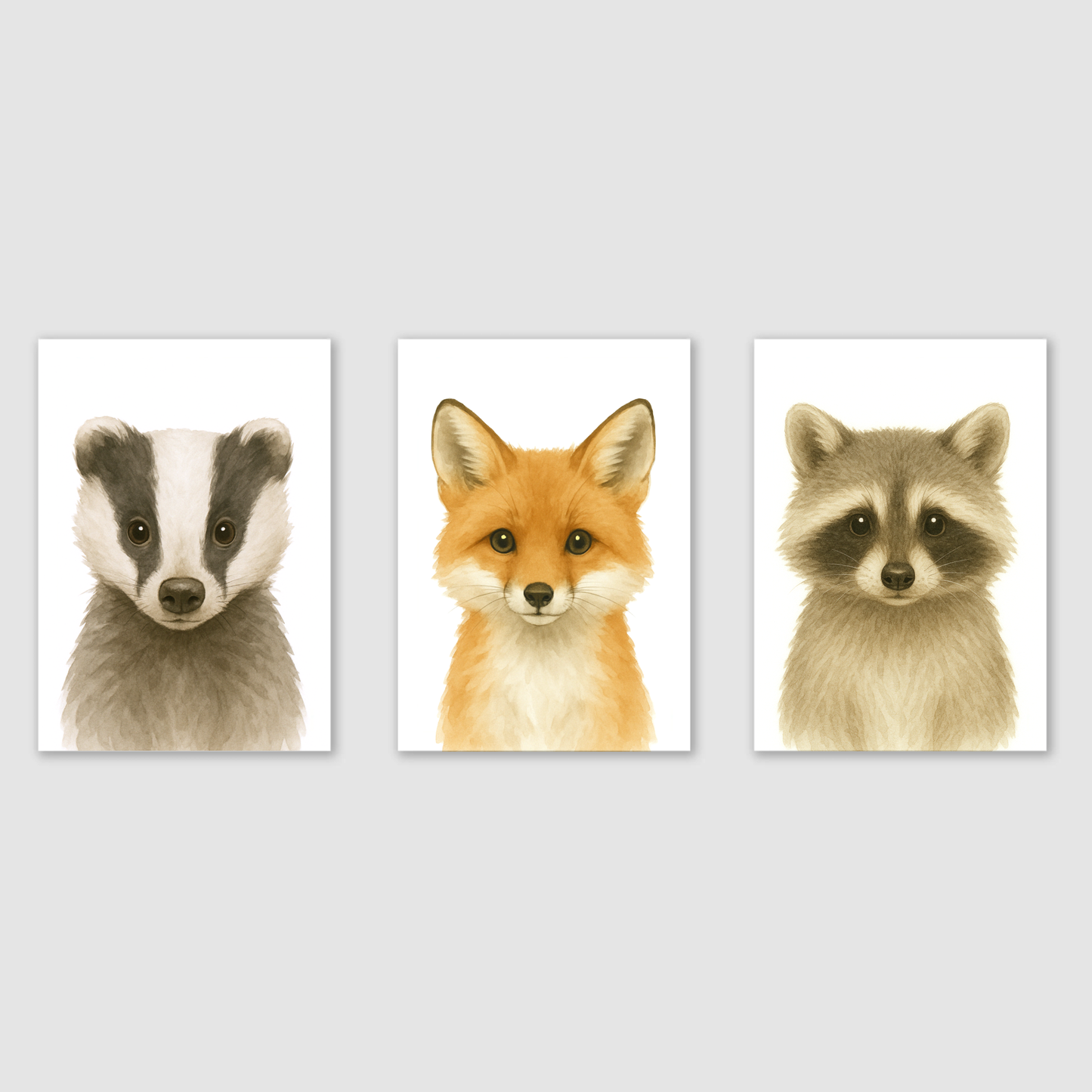Badger, Fox & Racoon - Woodland Nursery Print Set of 3