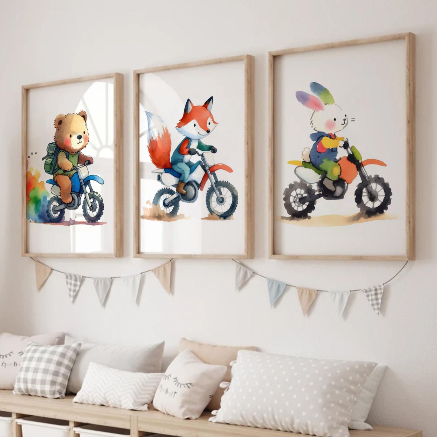 Nursery Woodland Animal Bikers - Animal Motorbike Print Set of 3