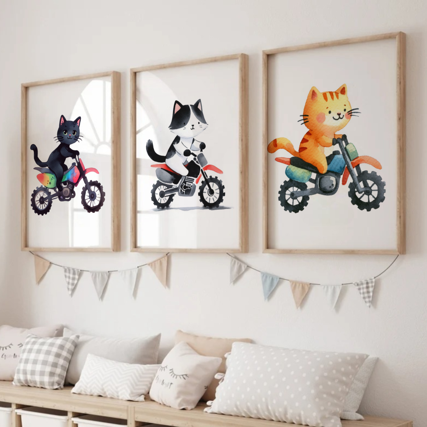 Nursery Cat Bikers - Animal Motorbike Print Set of 3