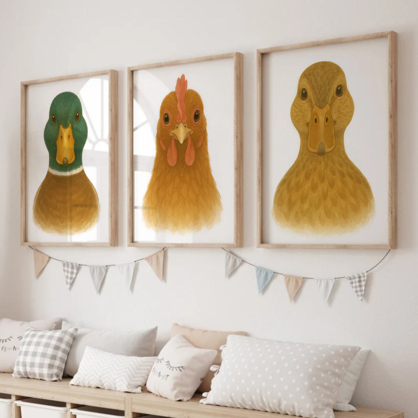Farm Bird Print Set - Nursery Farmyard Animal Collection Set of 3