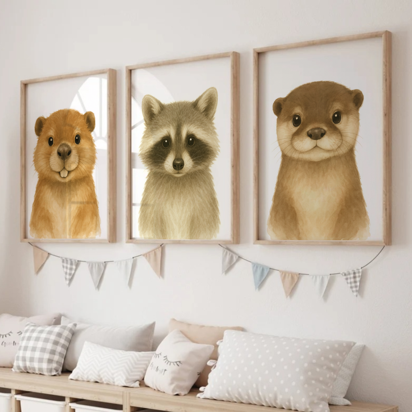 Beaver, Racoon & Otter - Woodland Nursery Print Set of 3