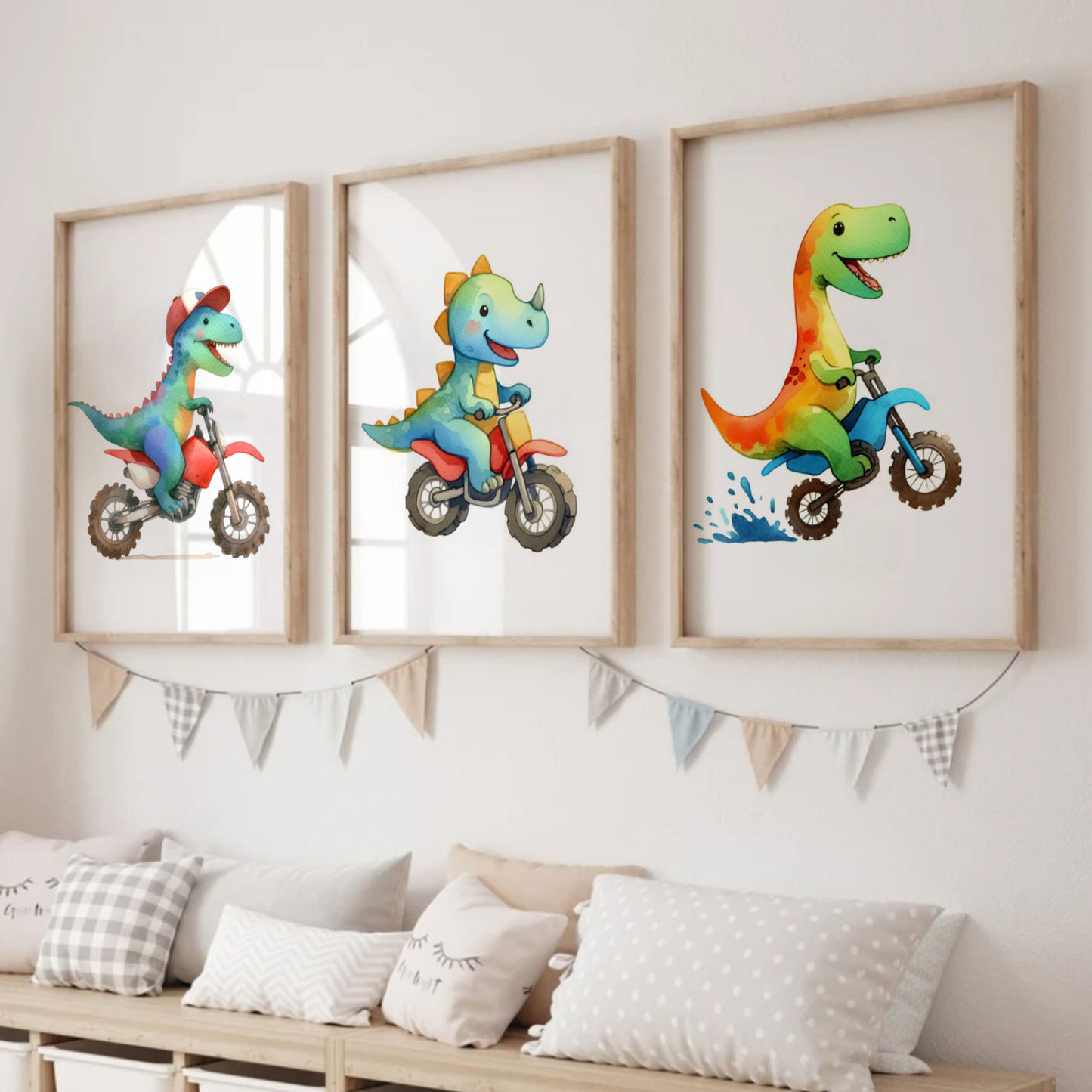 Nursery Dinosaur Bikers - Animal Motorbike Print Set of 3