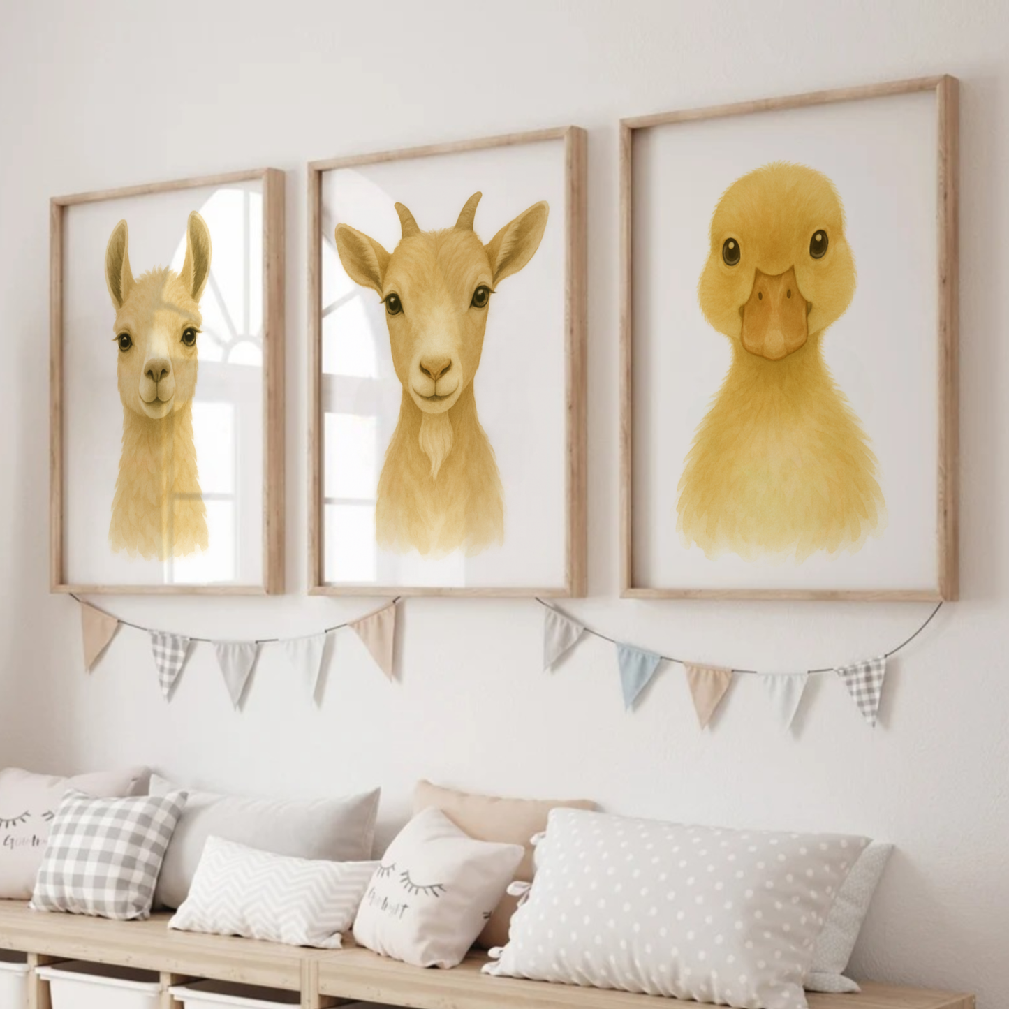 Llama, Goat & Duckling Print Set - Nursery Farmyard Animal Collection Set of 3