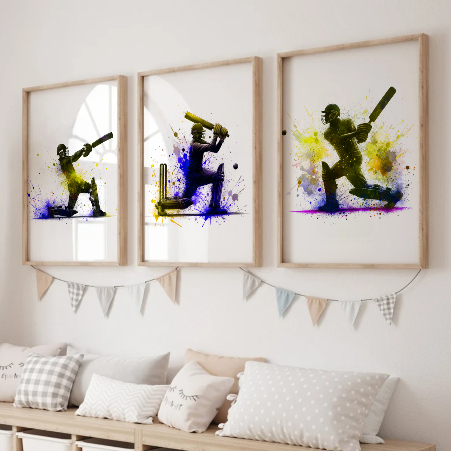 Yellow Cricket Batsmen Print Set - Cricket Collection Set of 3