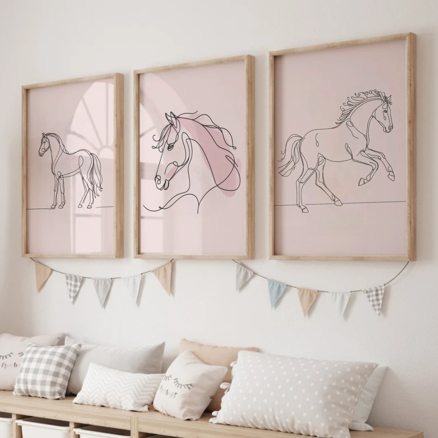 Pink Horse Line Art Print Set - Horse & Pony Collection Set of 3